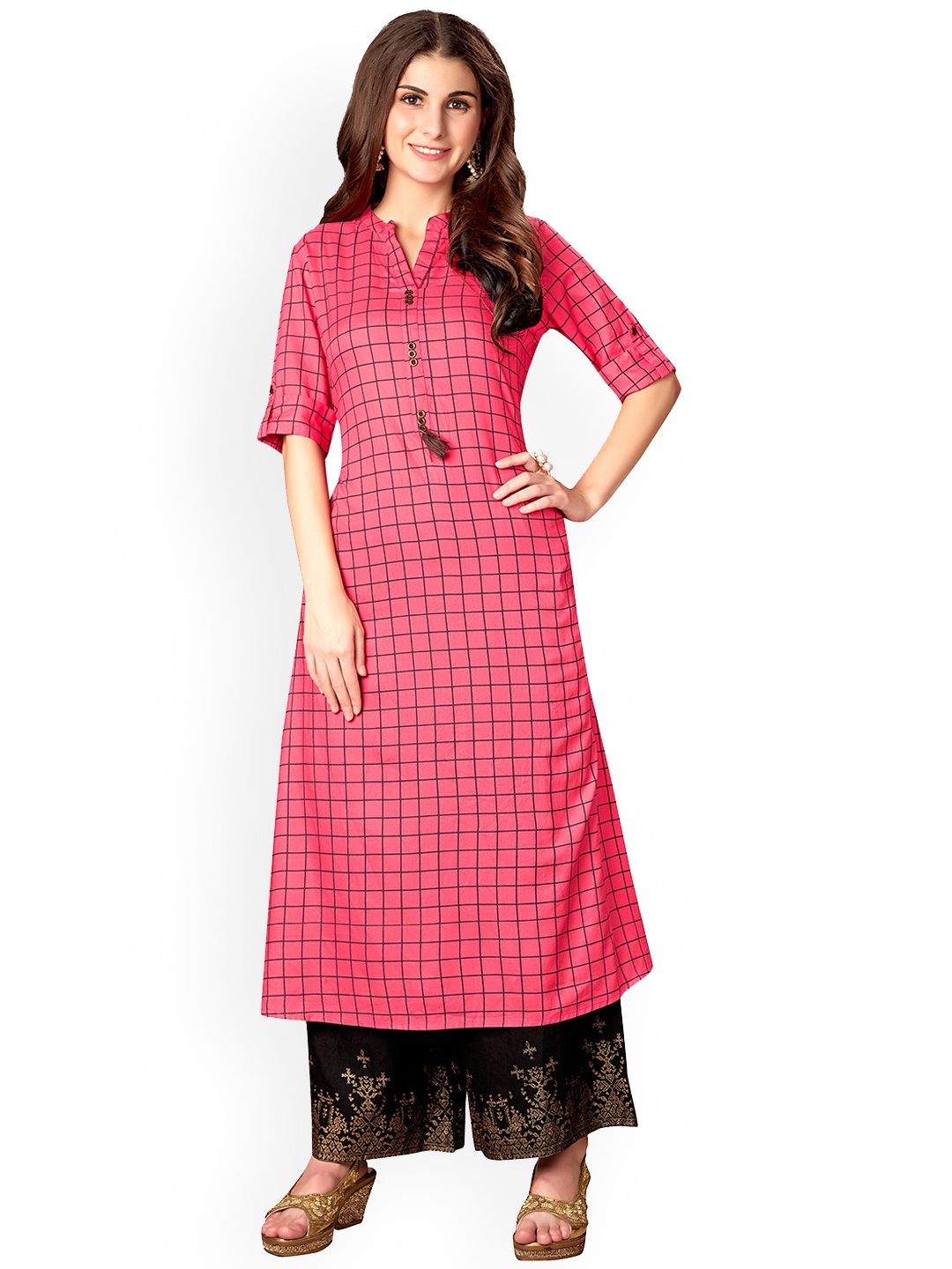 

KALINI Checked Roll-Up Sleeves Anarkali Kurta, Pink