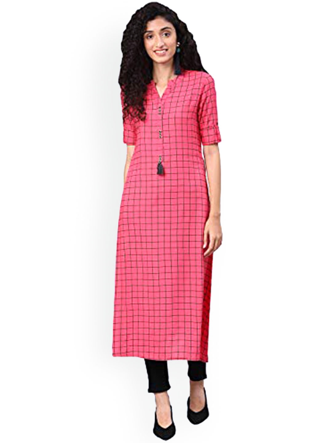 

KALINI Checked Mandarin Collar Kurta, Pink