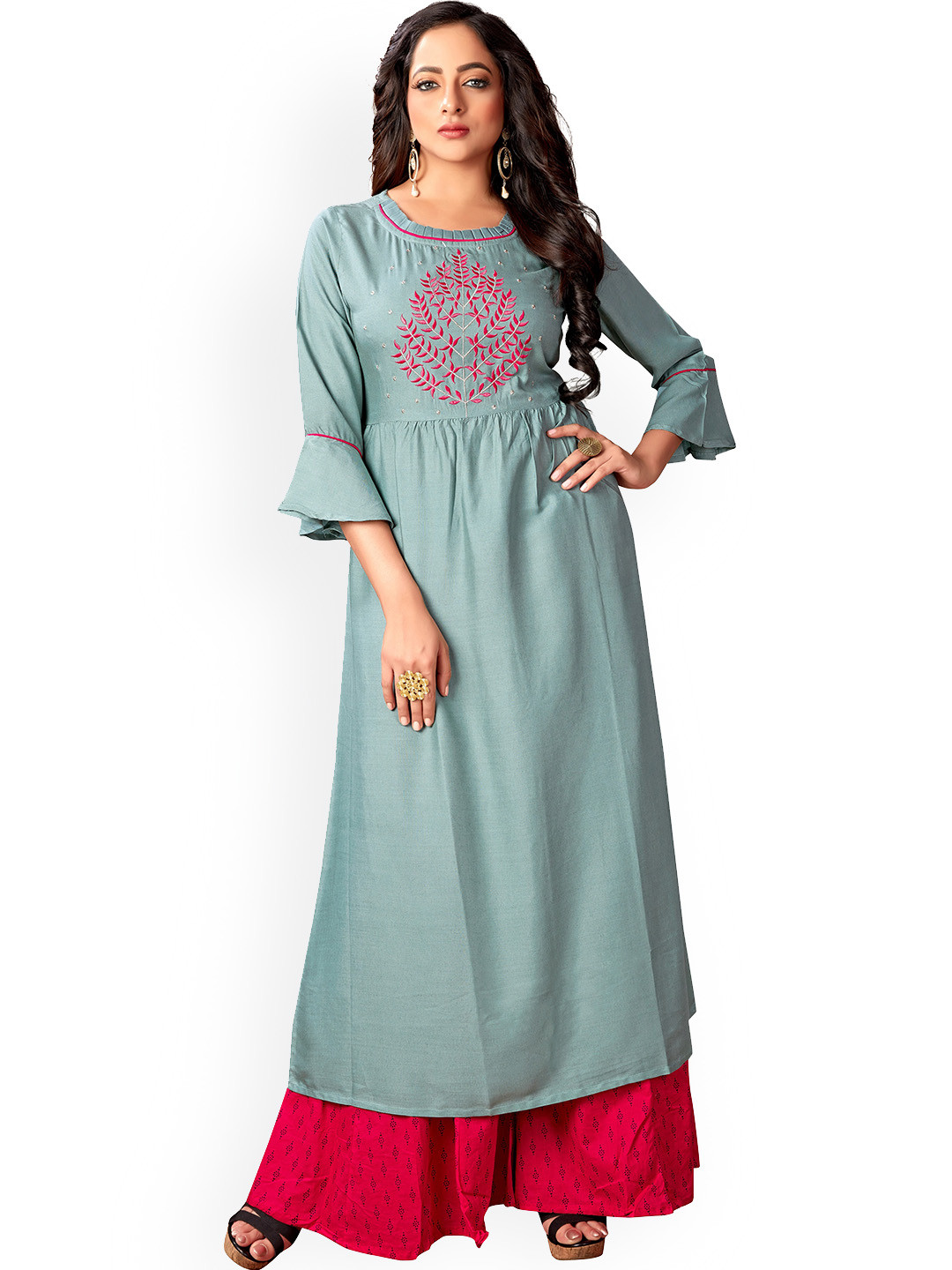 

KALINI Floral Embroidered Bell Sleeves A-Line Kurta, Sea green