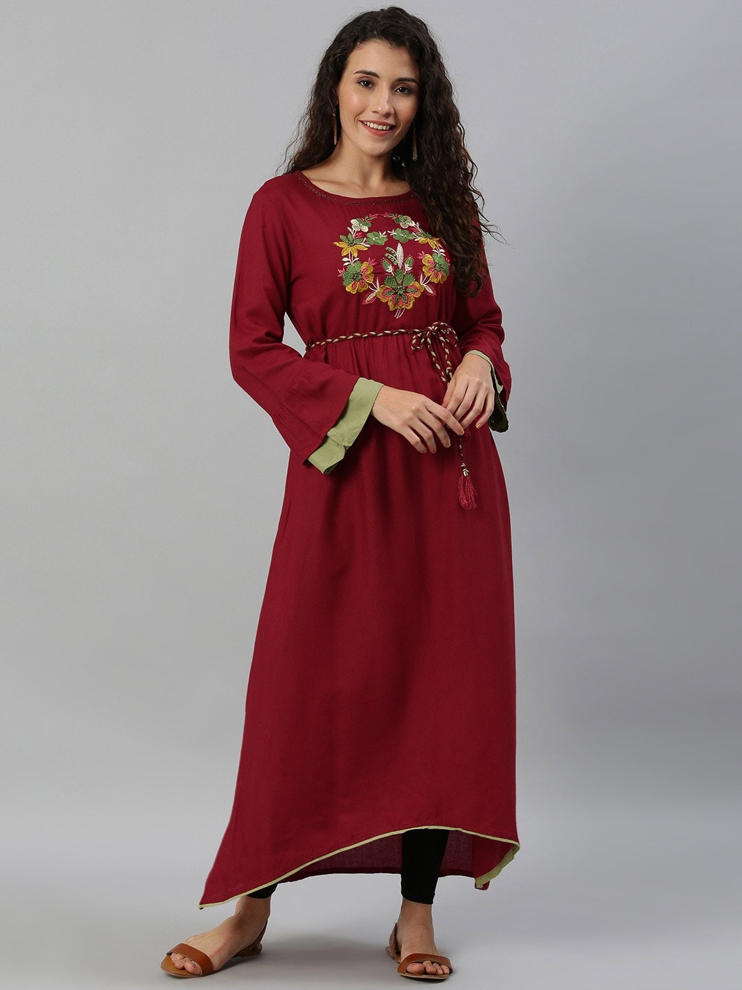 

KALINI Ethnic Motifs Embroidered A-Line Kurta, Maroon