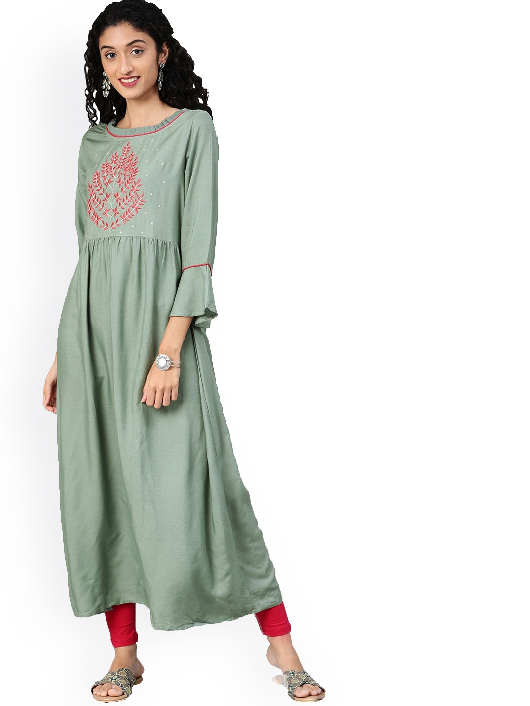 

KALINI Embroidered Bell Sleeves Anarkali Kurta, Sea green