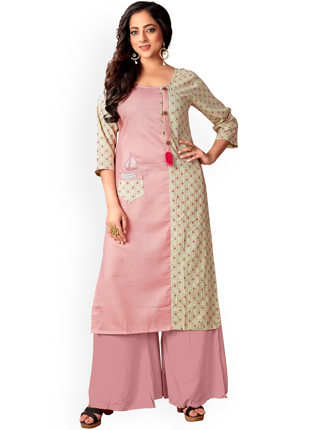 

KALINI Floral Printed Panelled Patchwork Kurta, Pink