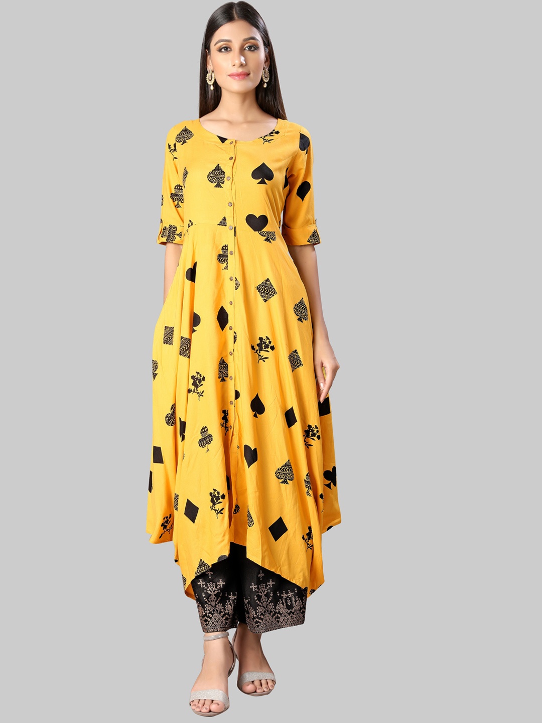 

KALINI Geometric Printed A-Line Kurta, Yellow