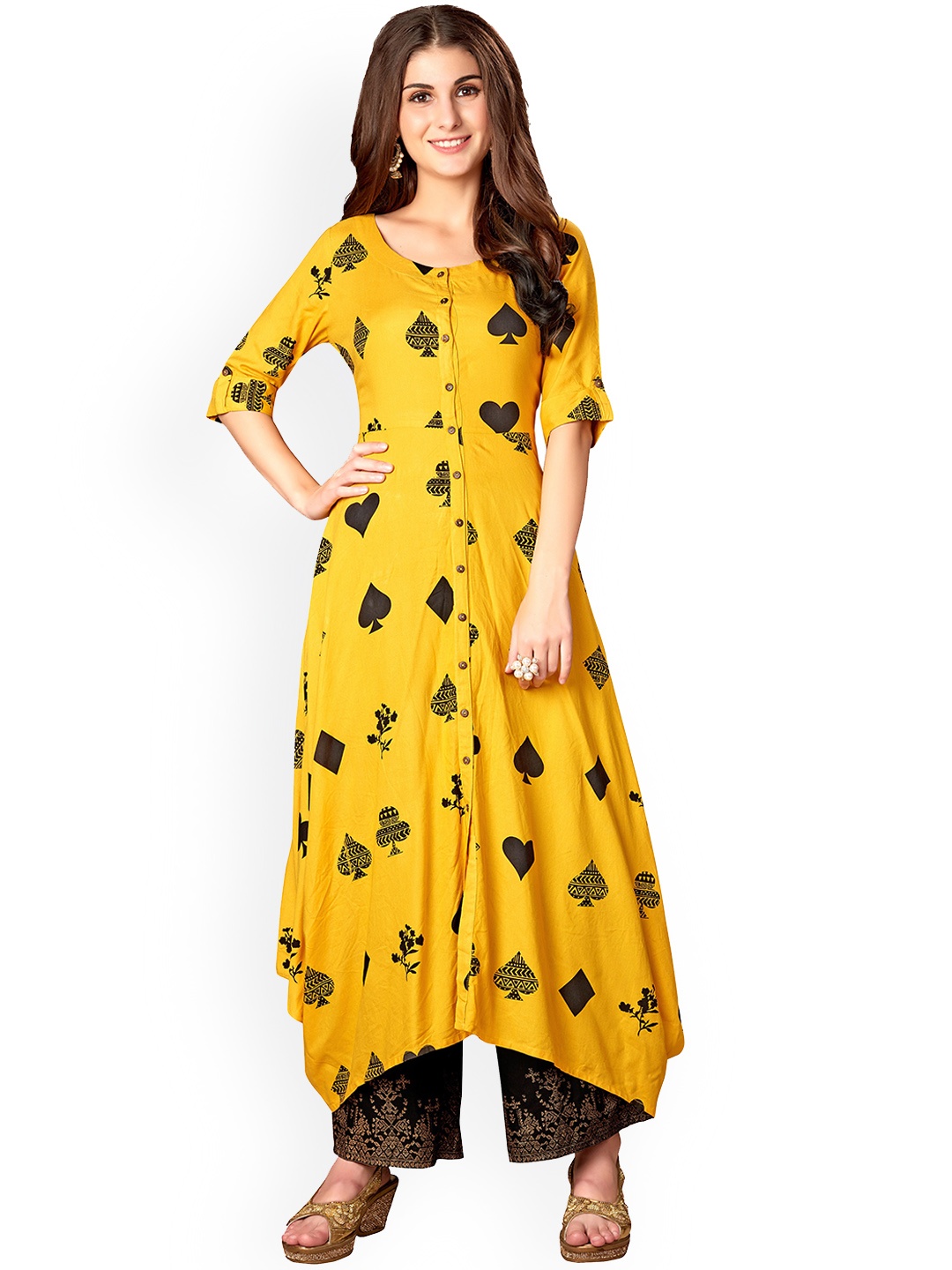 

KALINI Quirky Printed Roll-Up Sleeves Asymmetric A-Line Kurta, Mustard