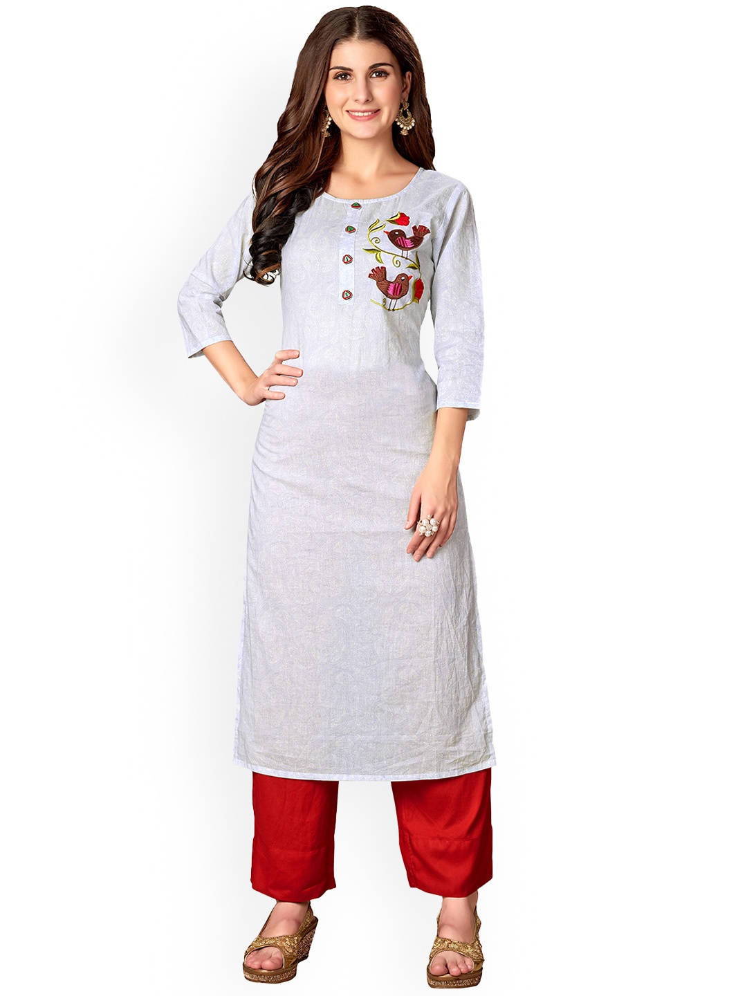 

KALINI Ethnic Motifs Printed Cotton A-Line Kurta, White