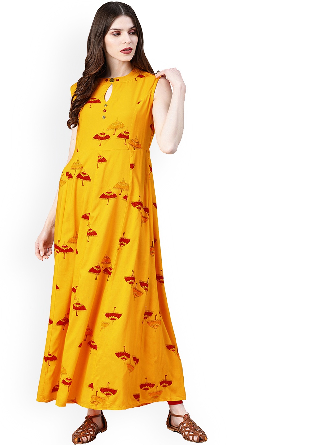 

KALINI Ethnic Motif Printed Keyhole Neck A-Line Kurta, Mustard