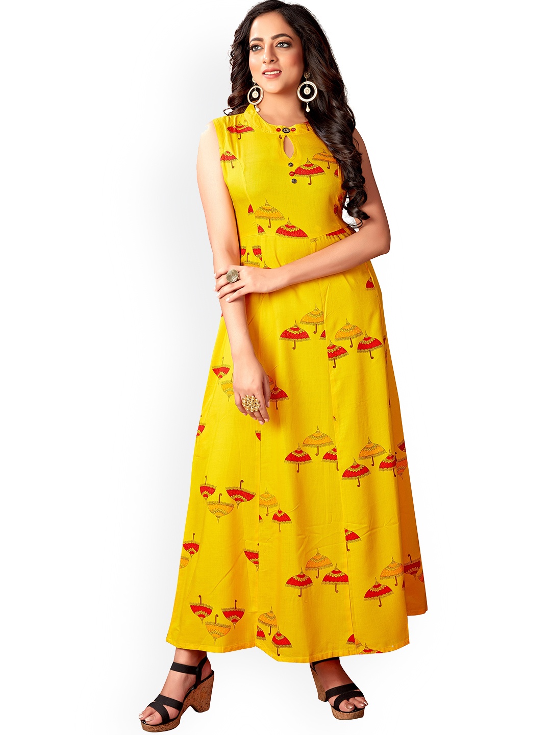 

KALINI Quirky Printed A-Line Panelled Kurta, Mustard