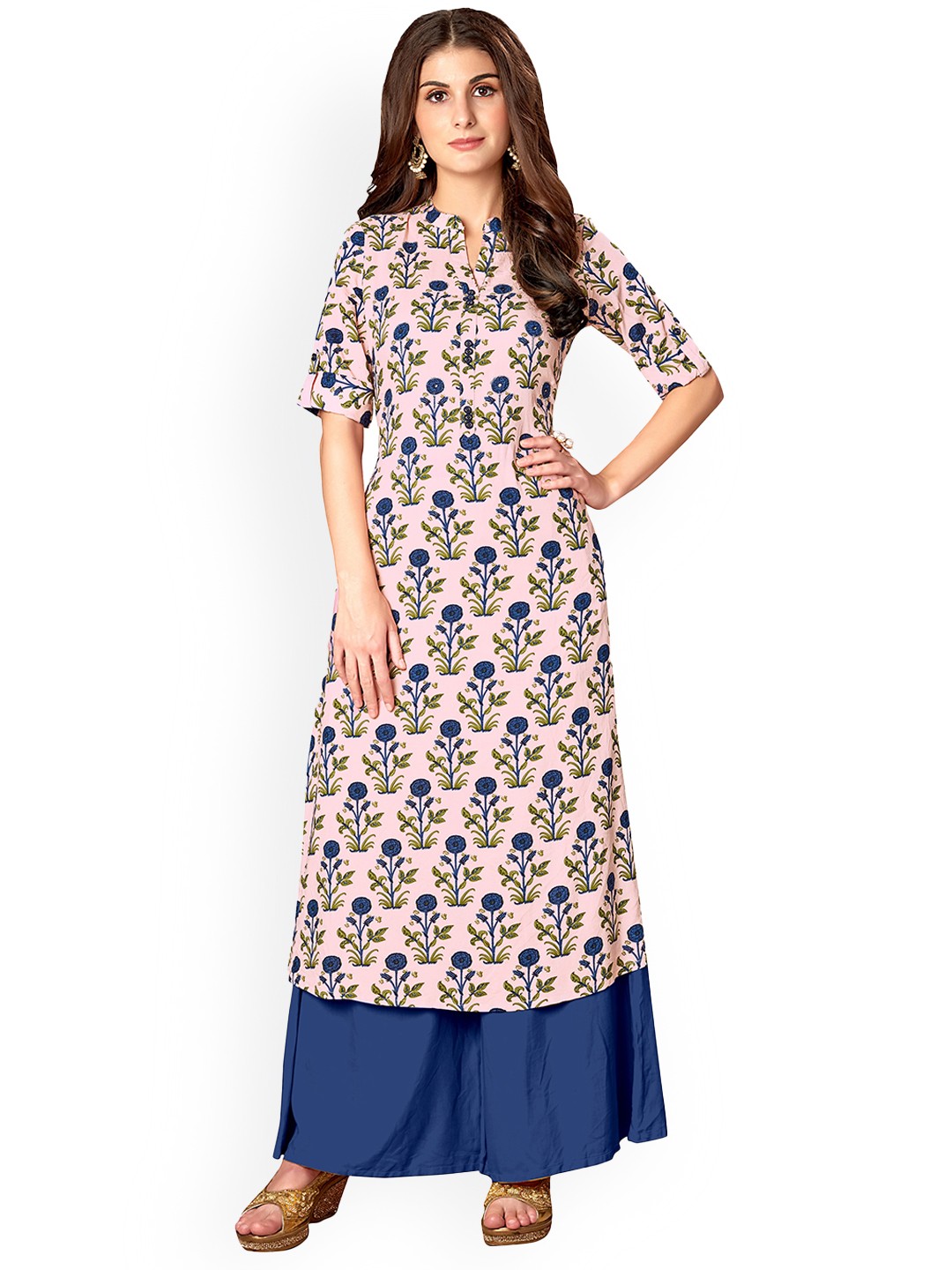 

KALINI Floral Printed Mandarin Collar Roll-Up Sleeves A-Line Kurta, Pink