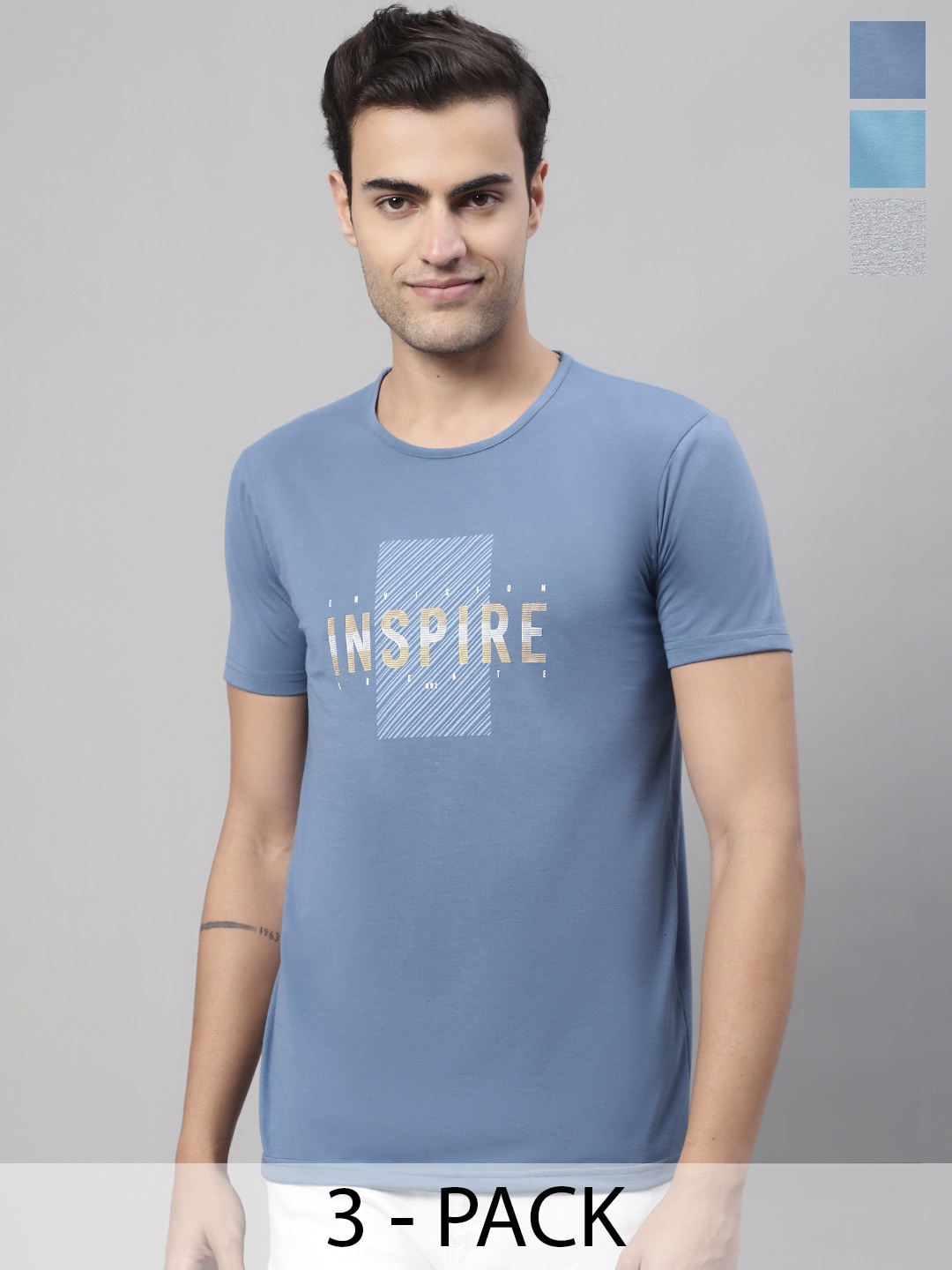 MACK JONNEY Pack Of 3 Typography Printed Cotton T-shirts, Blue