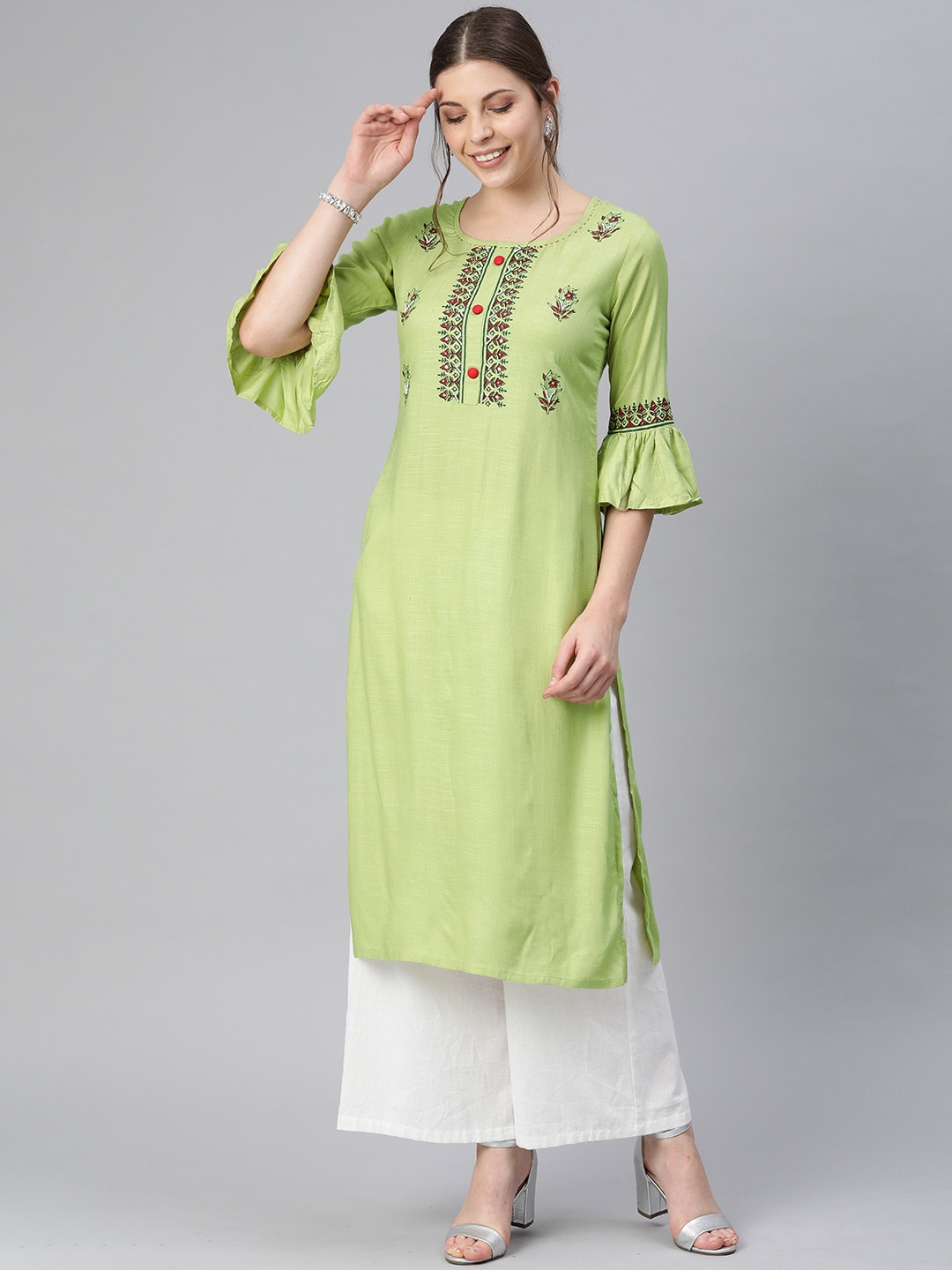 

KALINI Floral Embroidered Bell Sleeves Bead Work Kurta, Green