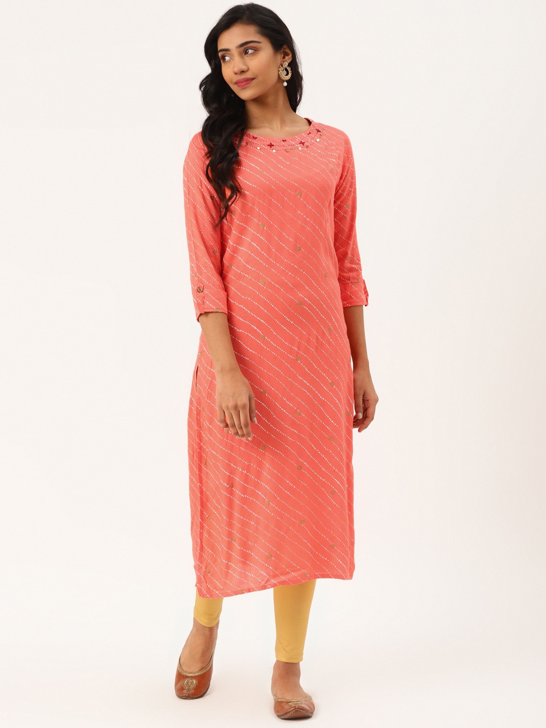 

KALINI Geometric Printed Sequined Straight Kurta, Coral