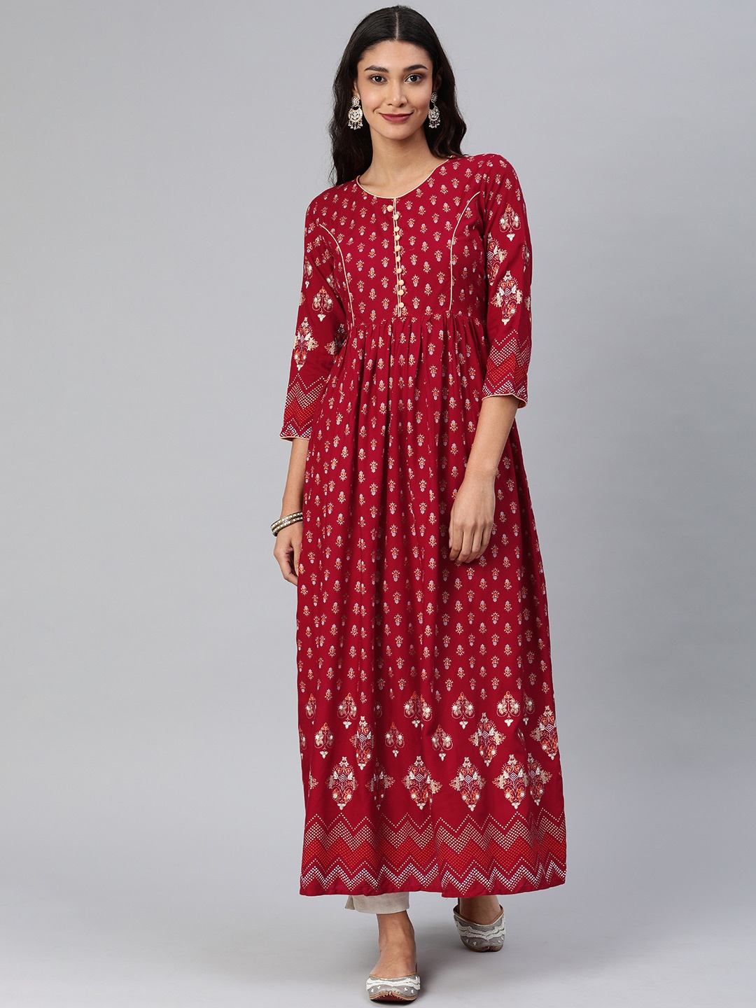 

KALINI Ethnic Motifs Printed Gathered Or Pleated Anarkali Kurta, Maroon