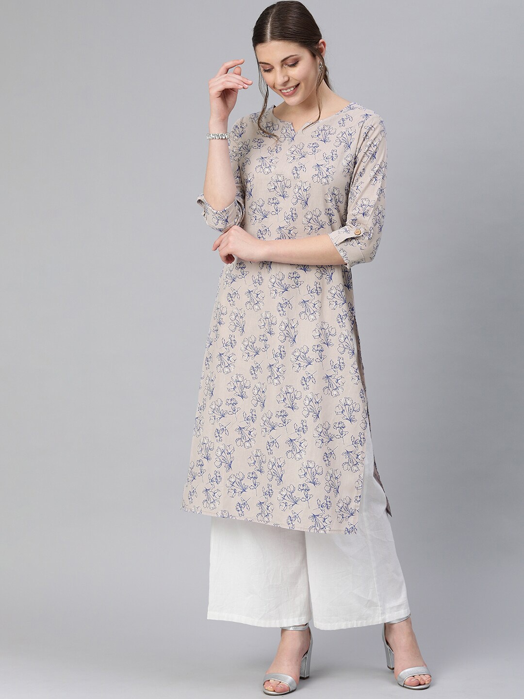 

KALINI Floral Printed Mirror Round Neck Cotton Straight Kurta, Beige