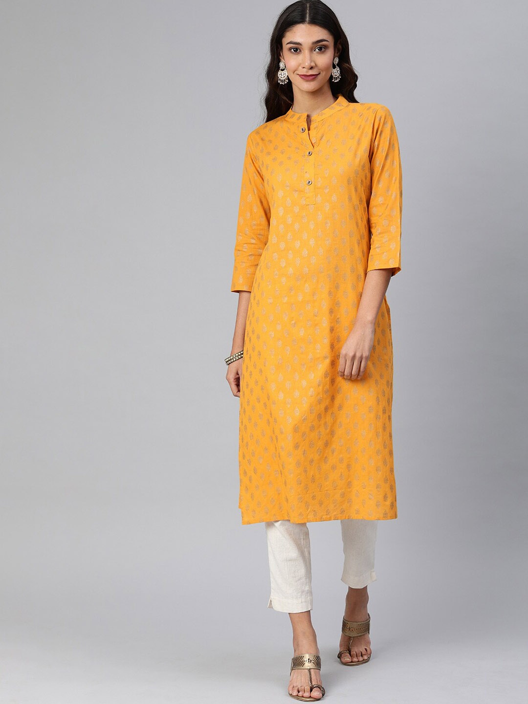 

KALINI Ethnic Motifs Mandarin Collar Straight Kurta, Mustard