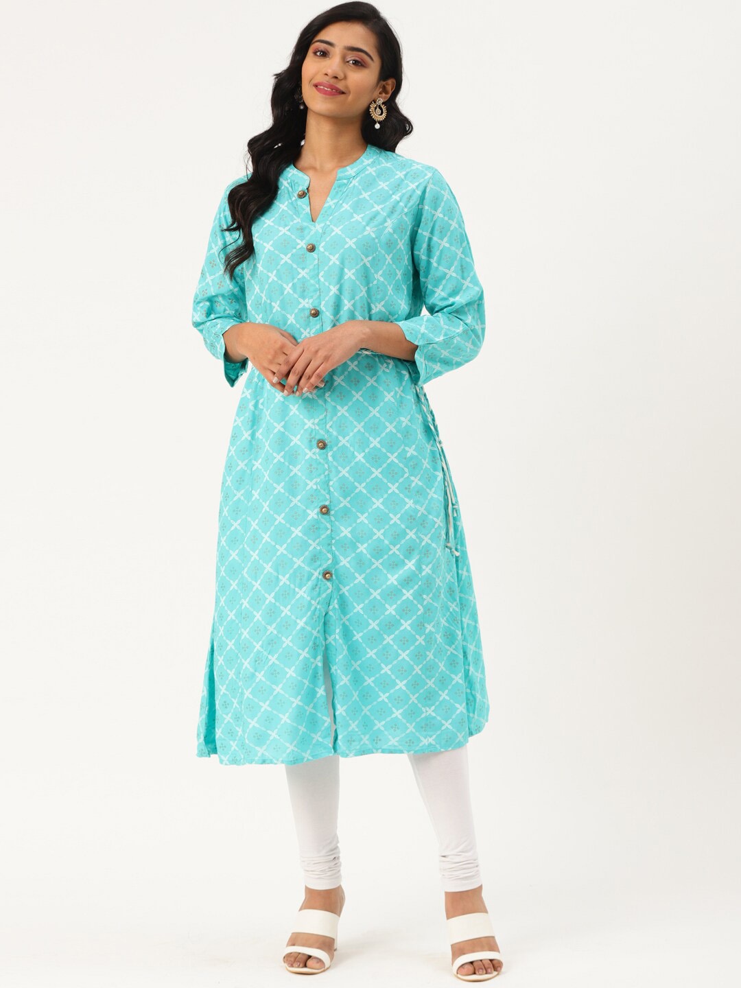 

KALINI Geometric Printed Mandarin Collar Kurta With Belt, Sea green