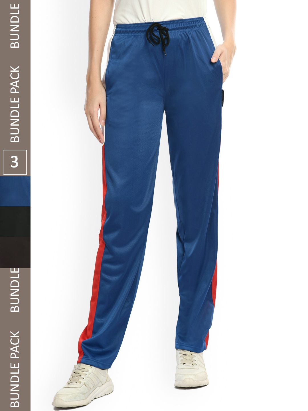 

IndiWeaves Women Pack Of 3 Side Striped Track Pants, Blue