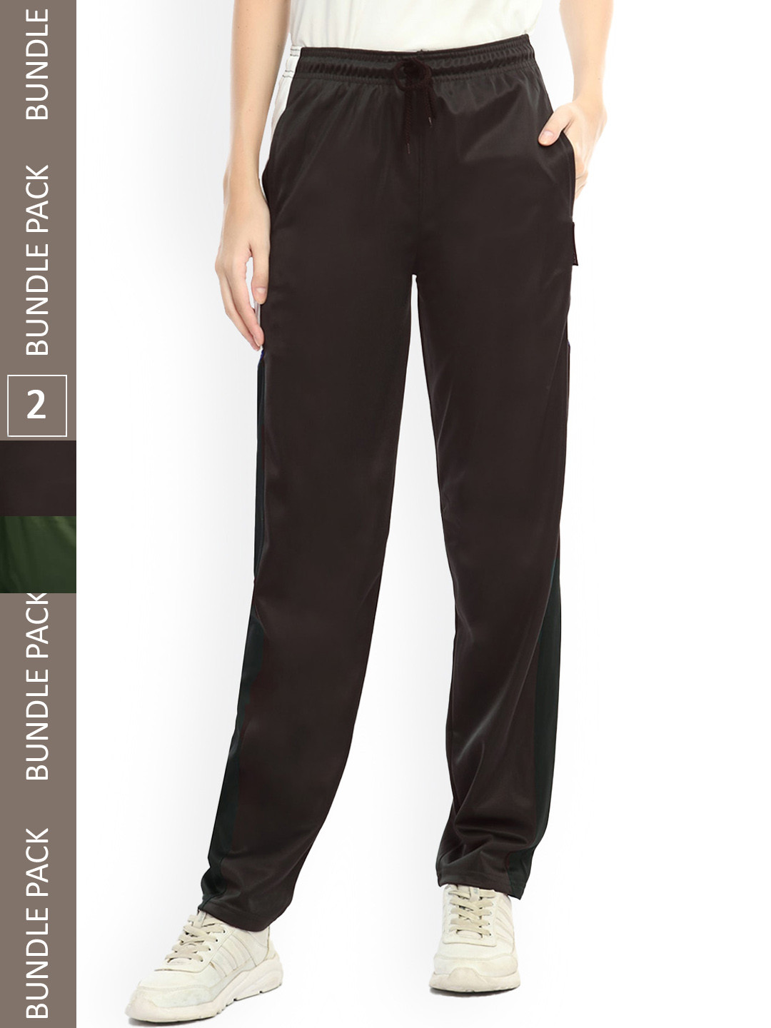 

IndiWeaves Women Pack Of 2 Side Striped Track Pants, Brown