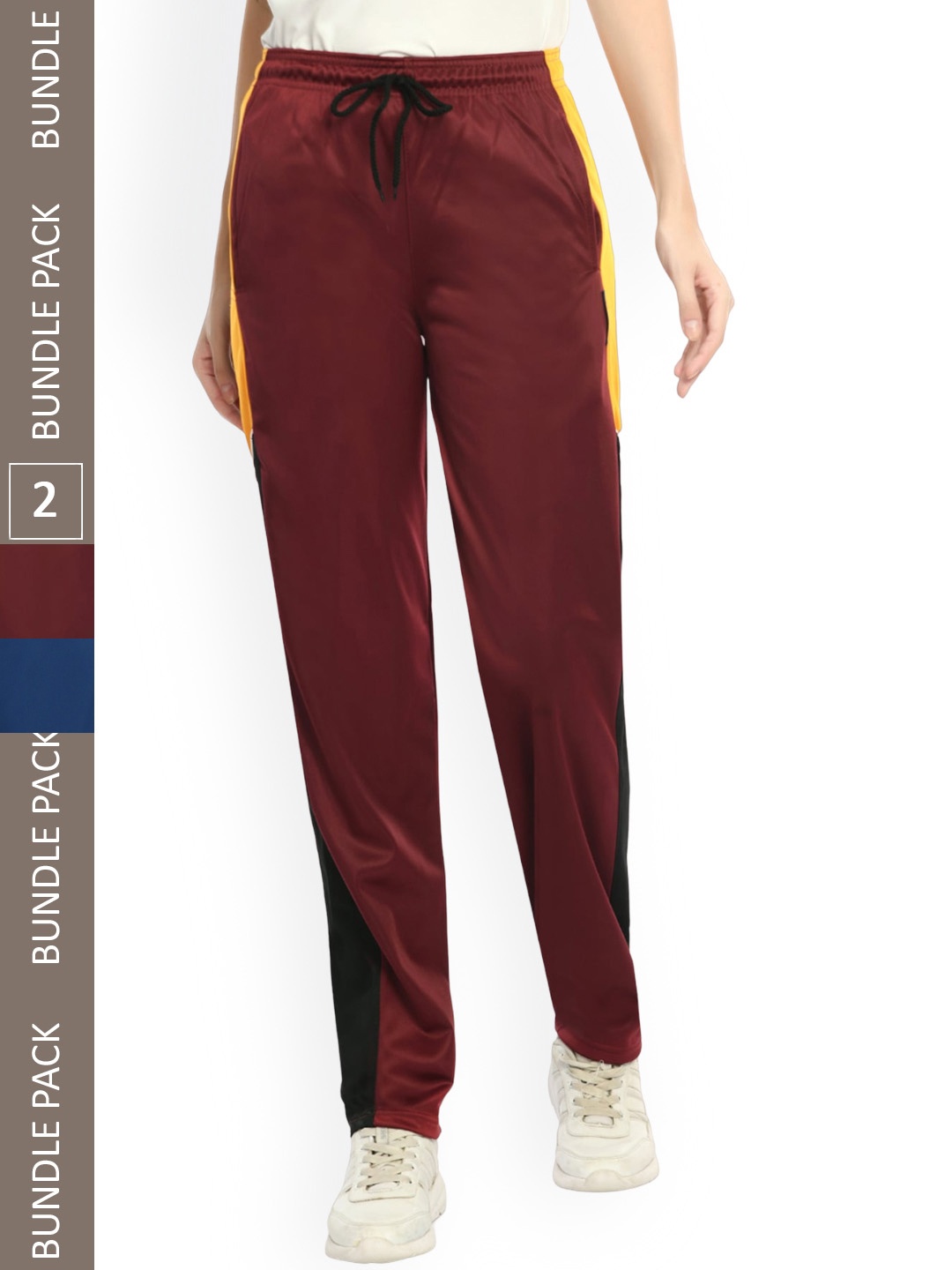 

IndiWeaves Women Pack Of 2 Side Striped Track Pants, Maroon