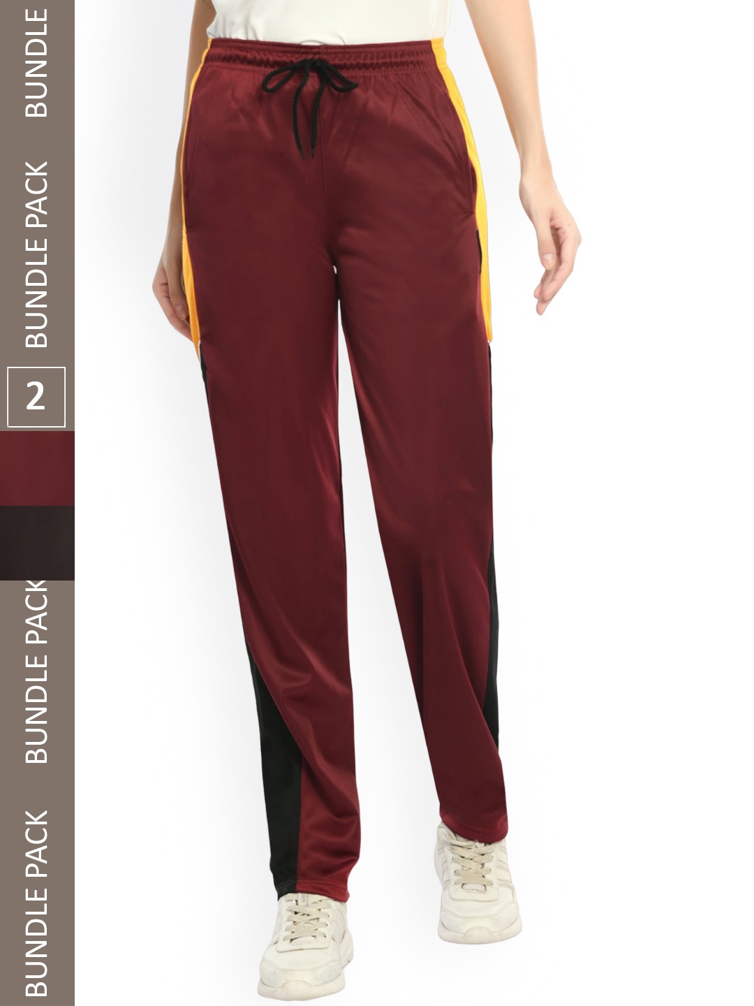 

IndiWeaves Women Pack Of 2 Side Striped Track Pants, Maroon