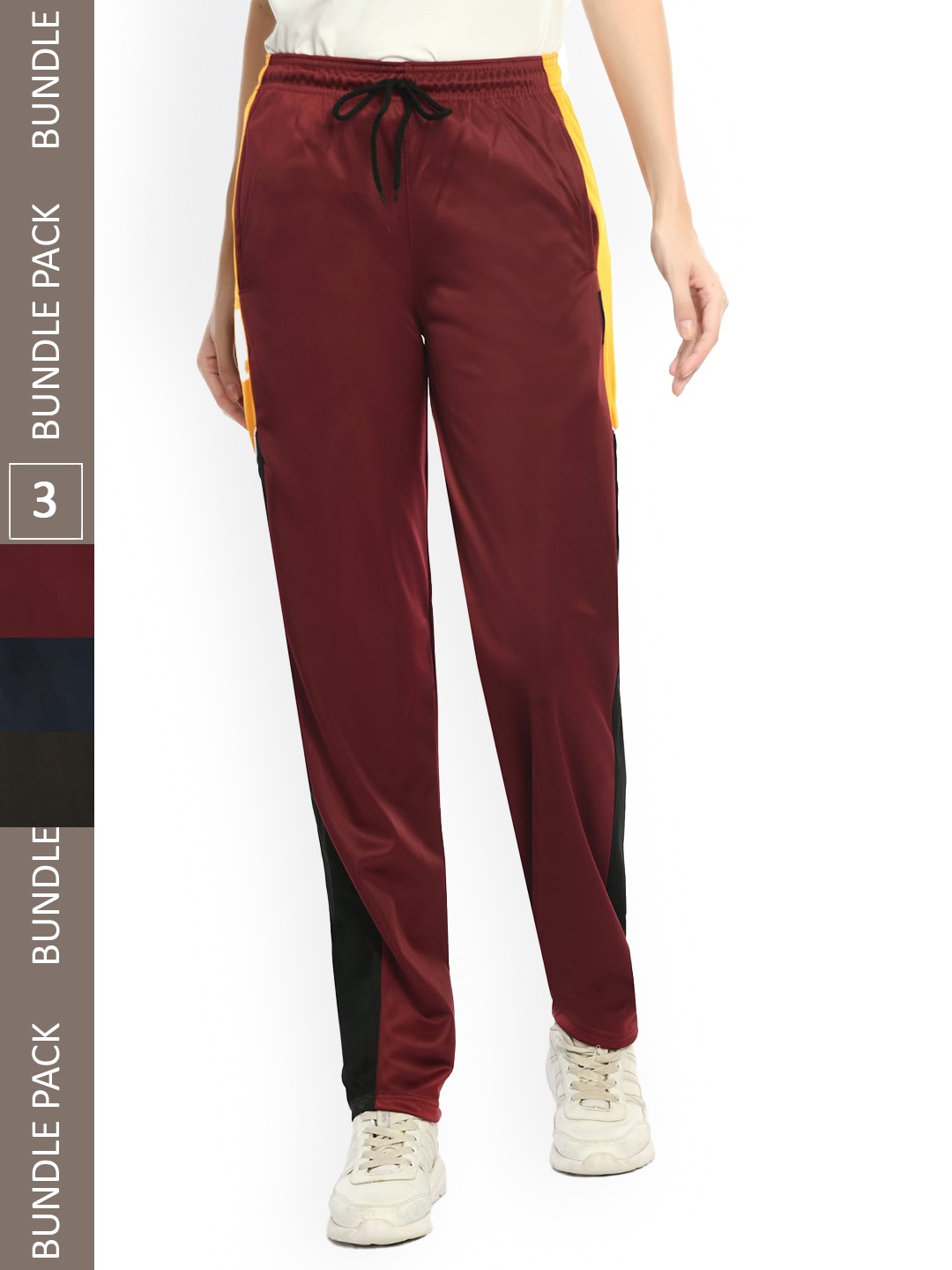 

IndiWeaves Women Pack Of 3 Striped Detail Track Pants, Maroon