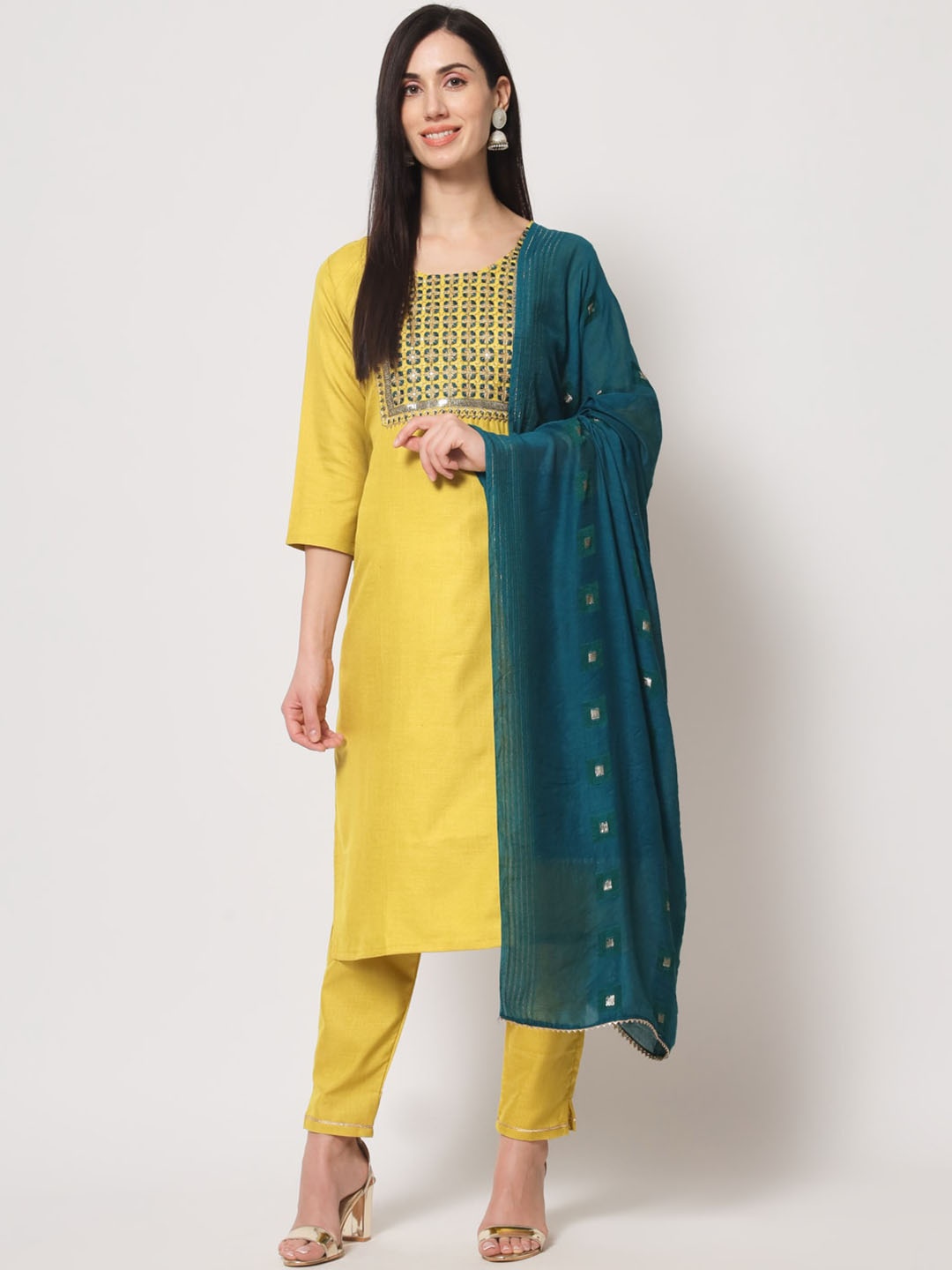 

KALINI Floral Yoke Design Thread Work Kurta With Trousers & Dupatta, Yellow