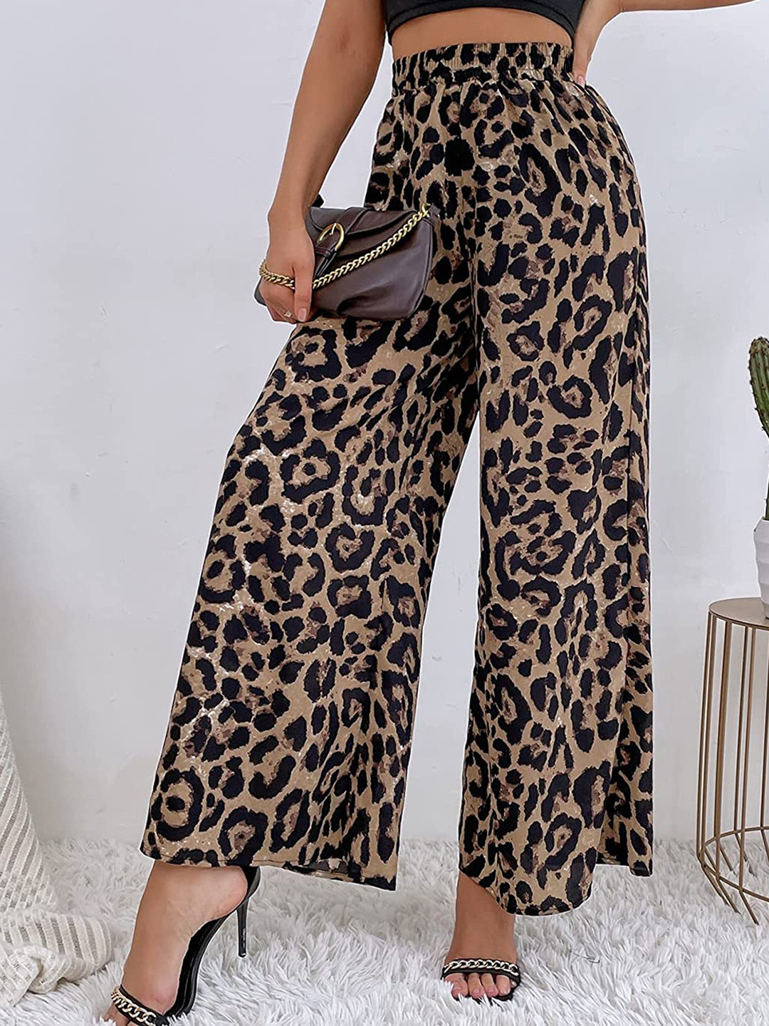 

Wuxi Women Relaxed Easy Wash Animal Printed Flared Trousers, Brown