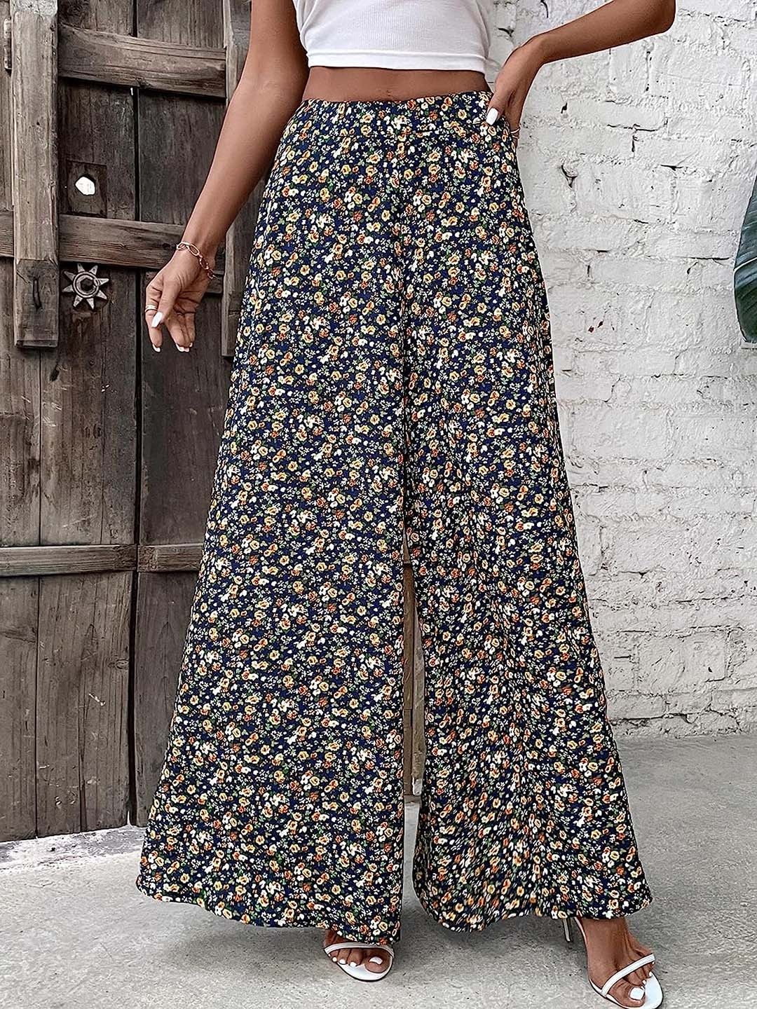 

Wuxi Women Floral Printed Relaxed Flared Easy Wash Pleated Trousers, Navy blue