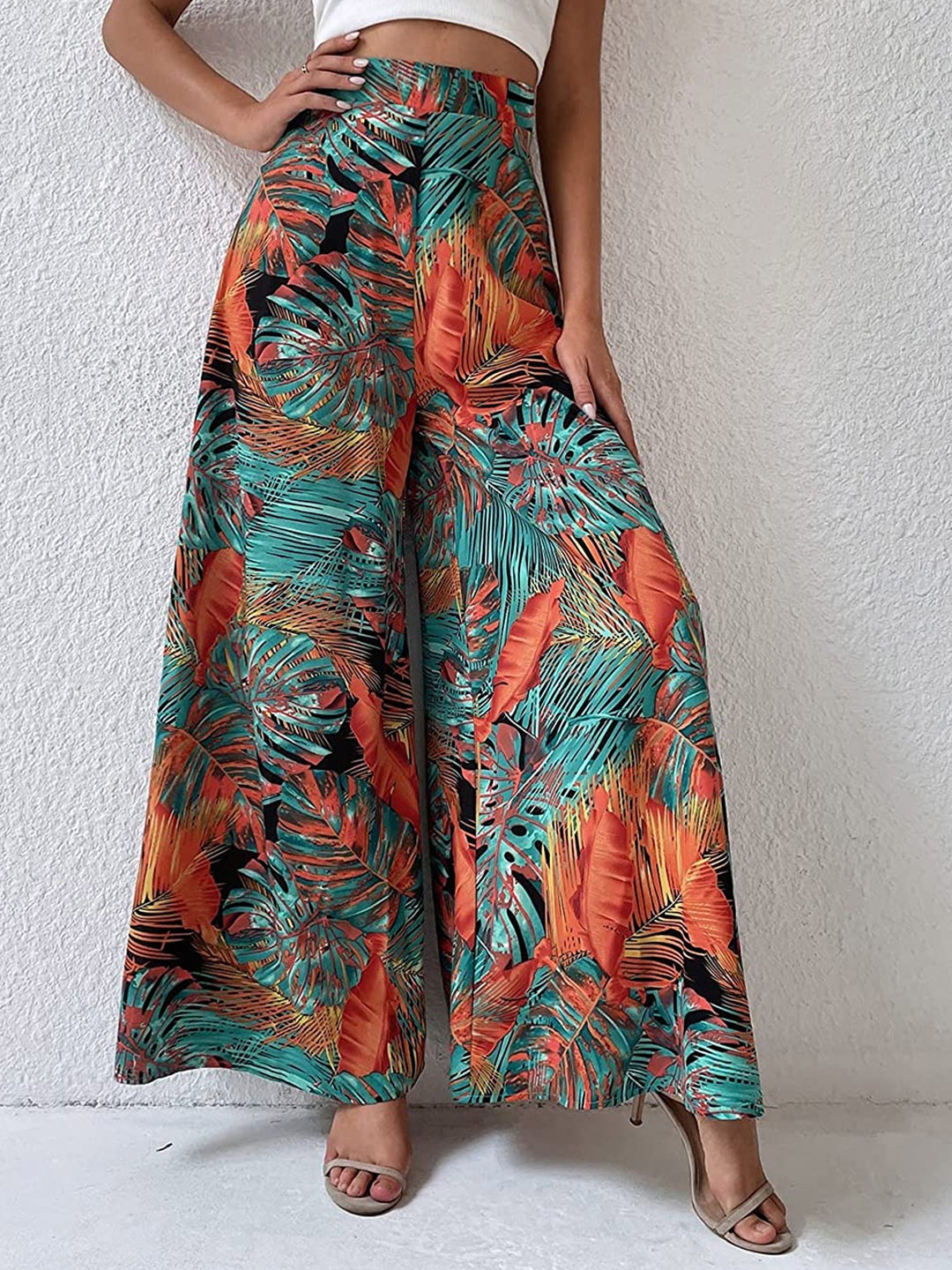 

Wuxi Women Tropical Printed Relaxed Flared Easy Wash Trousers, Green