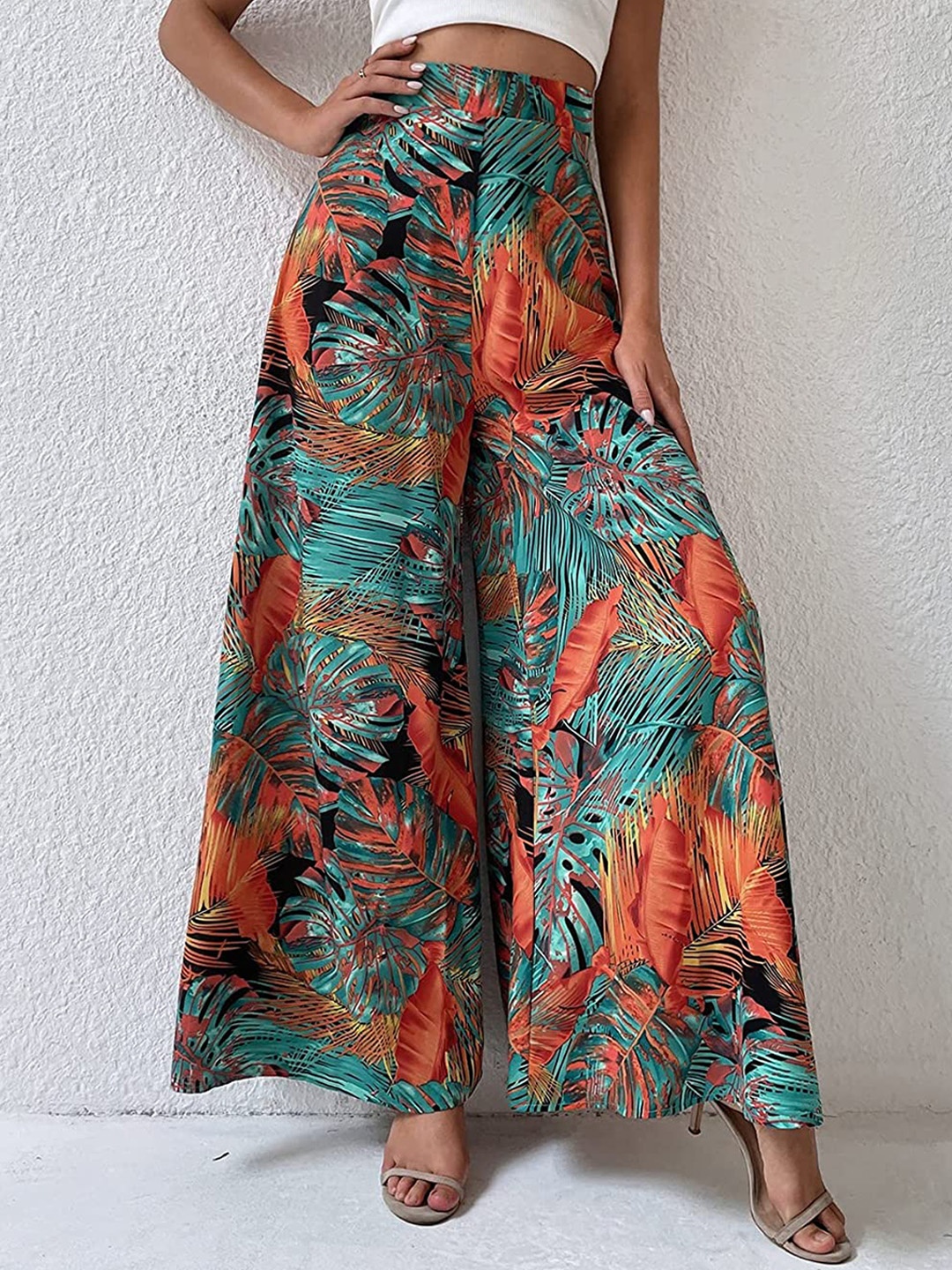

Wuxi Women Tropical Printed Relaxed Flared Easy Wash Trousers, Green