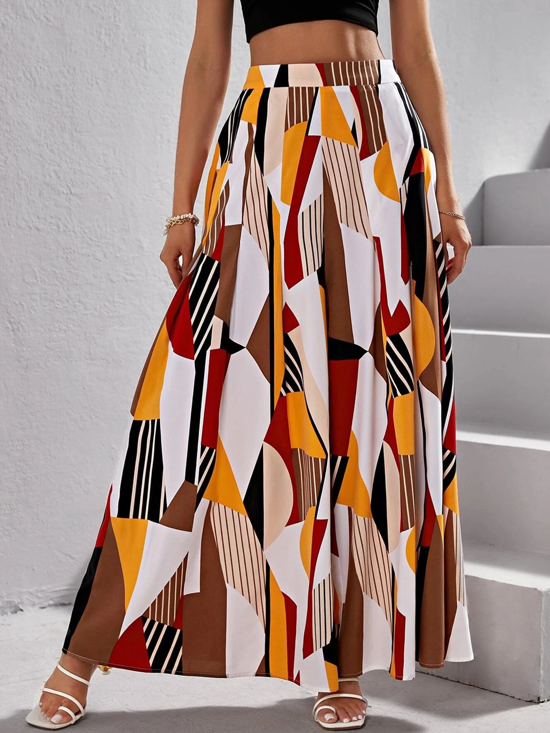

Wuxi Women Geometric Printed Flared Palazzos, Yellow