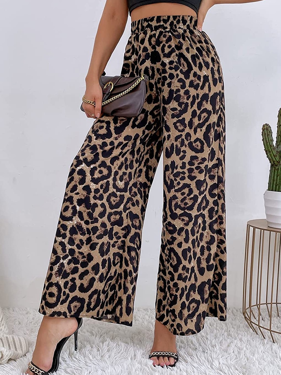 

Wuxi Women Animal Printed Flared Palazzos, Brown