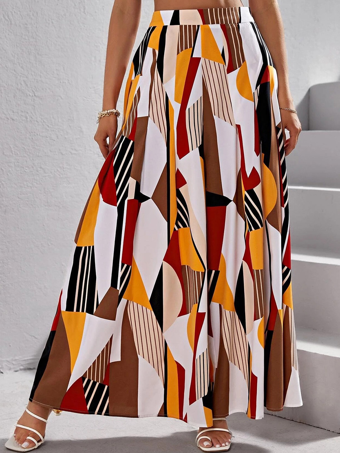 

Wuxi Women Geometric Printed Flared Palazzos, Yellow