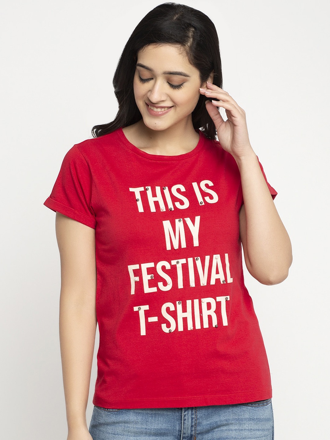 

DressBerry Red Typography Printed Cotton T-Shirt