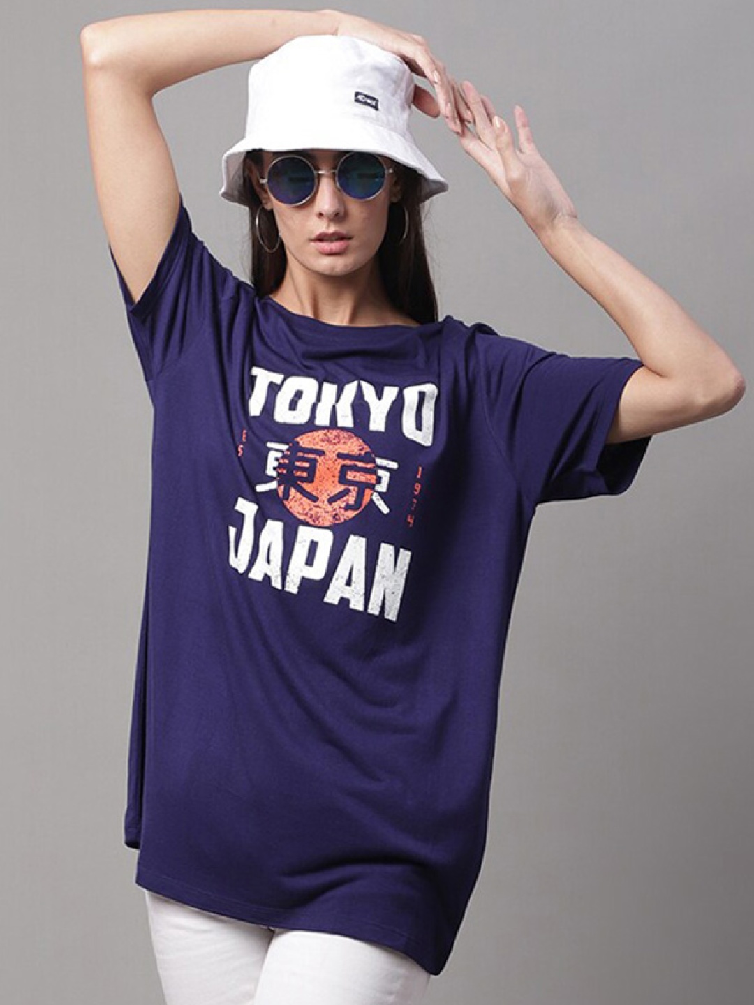 

DressBerry Navy Blue Typography Printed Drop-Shoulder Longline Cotton T-shirt