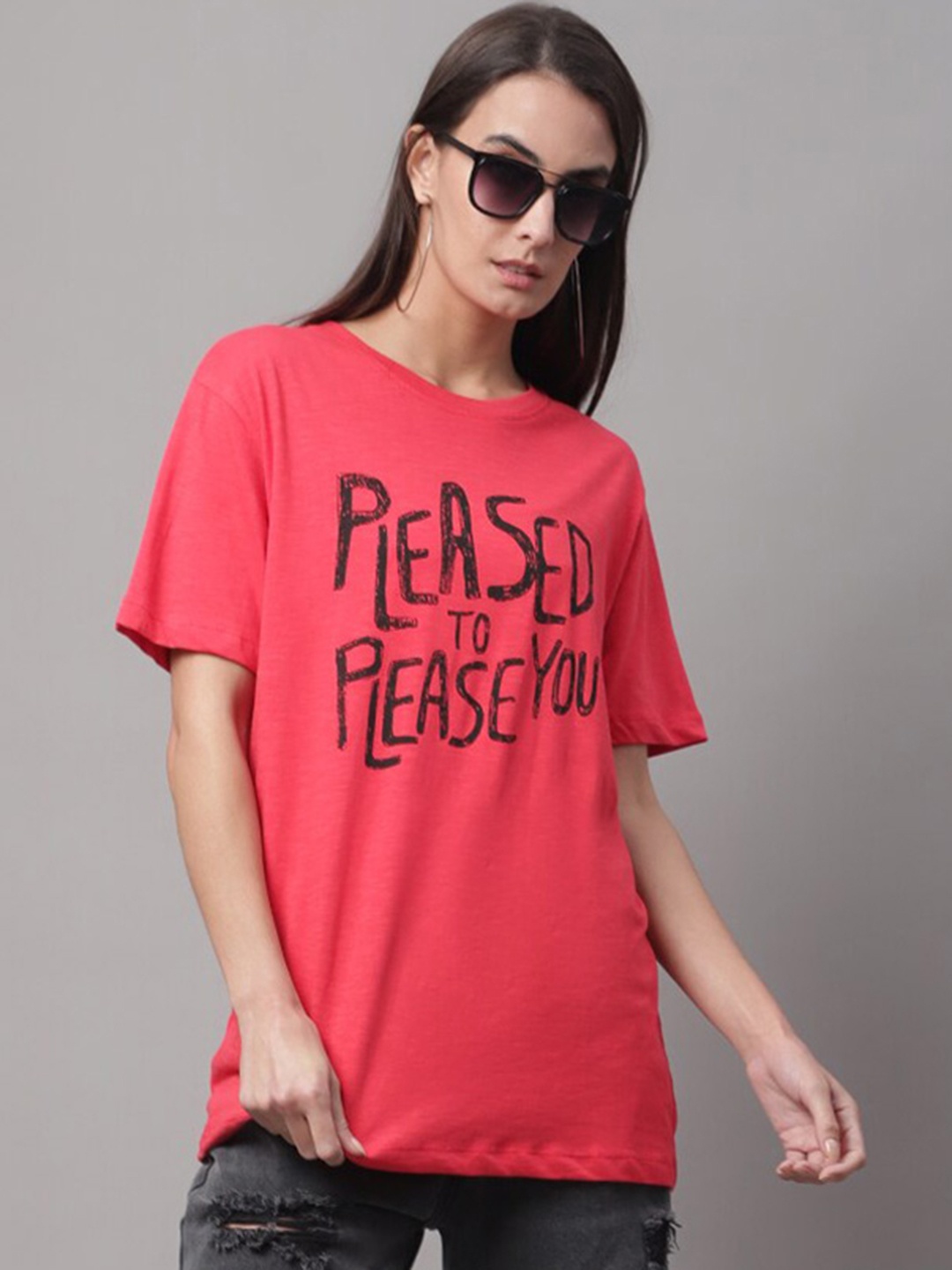 DressBerry Red Typography Printed Drop-Shoulder Sleeves Cotton T-shirt