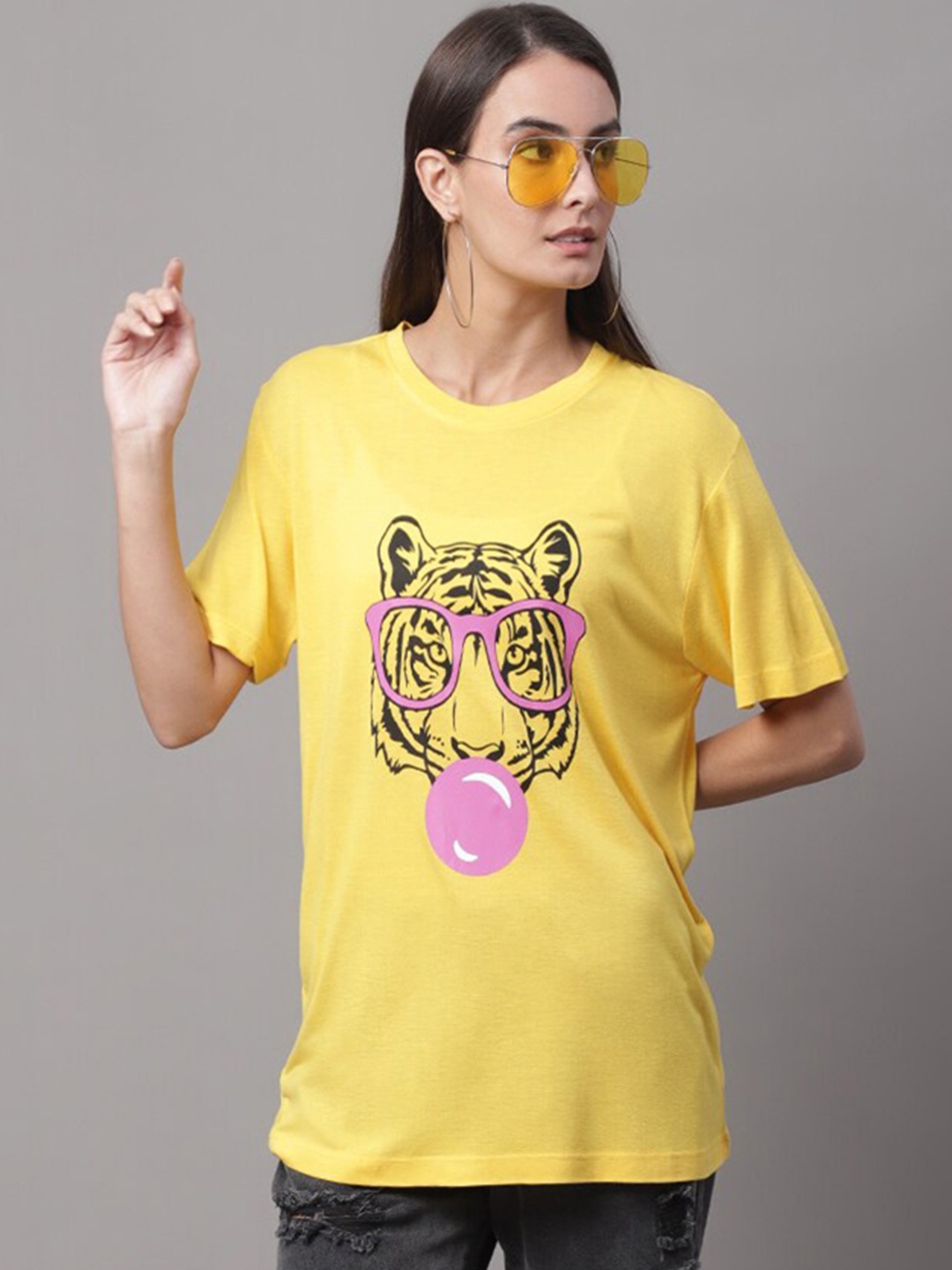 

DressBerry Yellow Graphic Printed Cotton T-Shirt