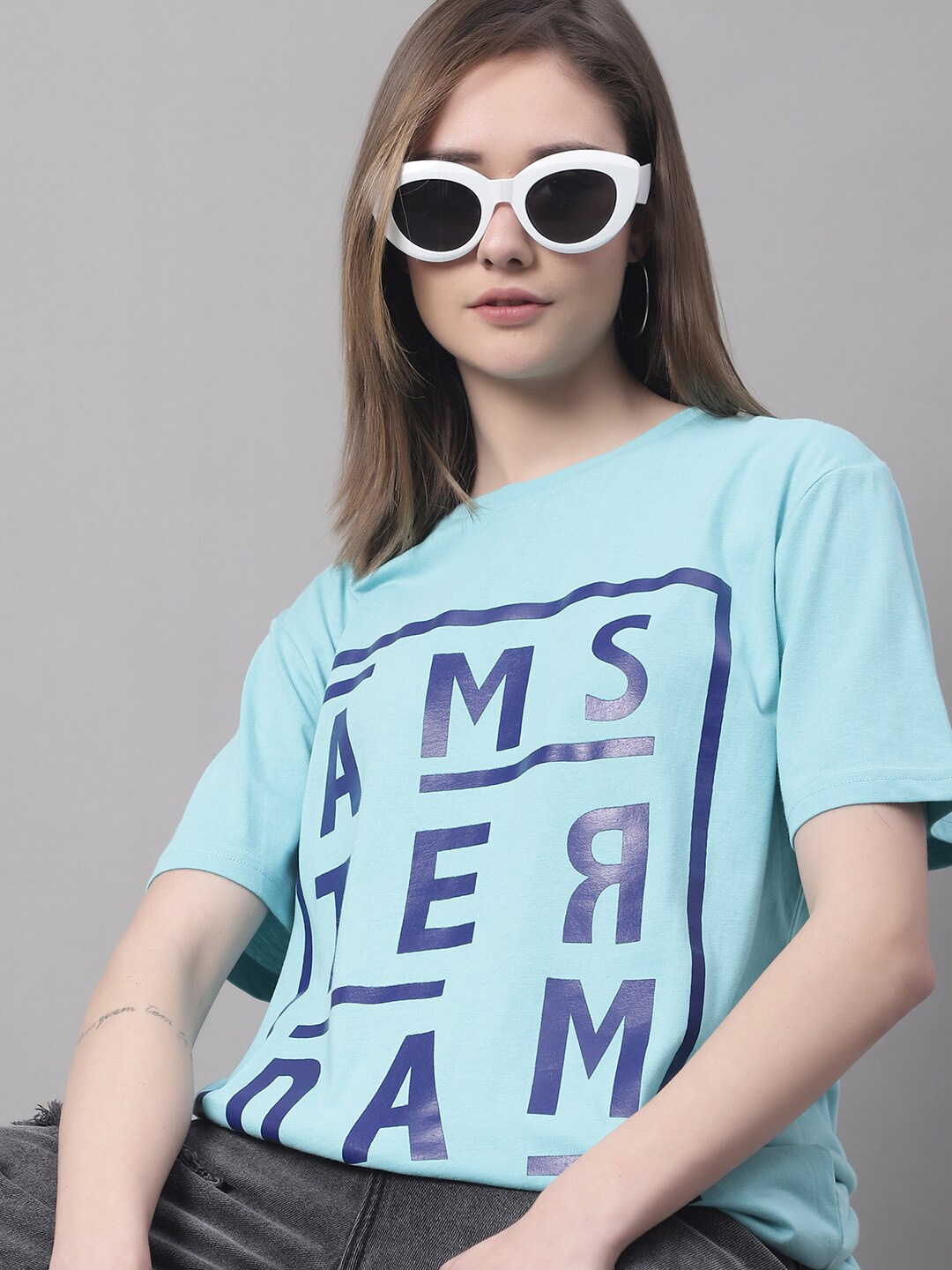 DressBerry Blue Typography Printed Drop-Shoulder Sleeves Cotton Loose T-shirt