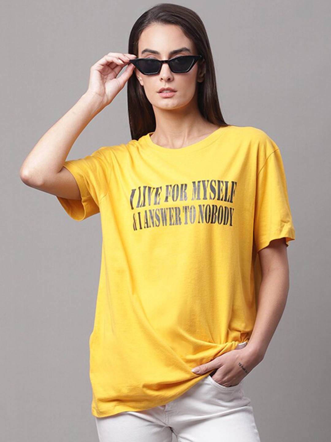 

DressBerry Yellow Typography Printed Drop-Shoulder Sleeves Cotton T-shirt