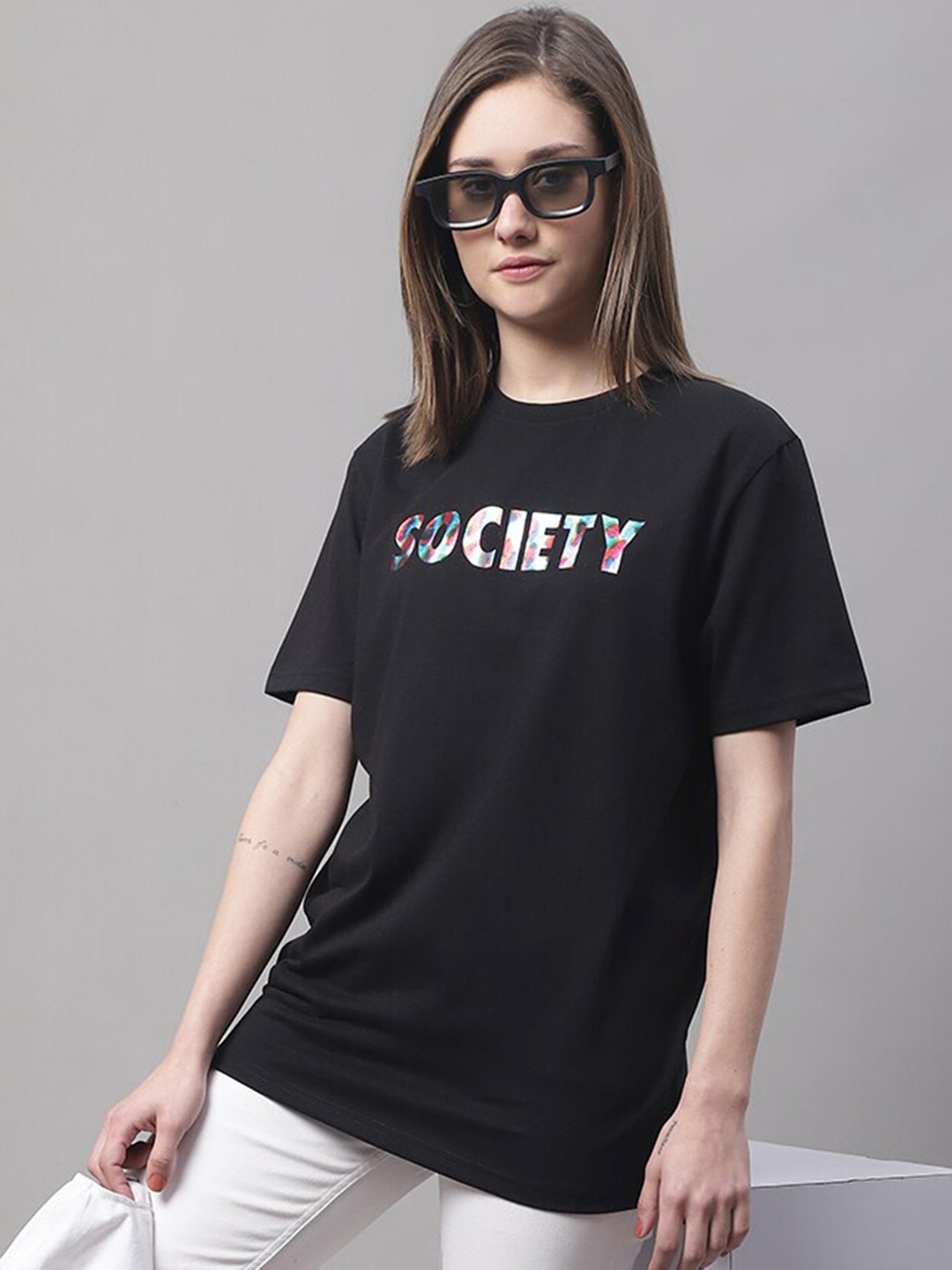 

DressBerry Typography Printed Cotton Oversized T-shirt, Black