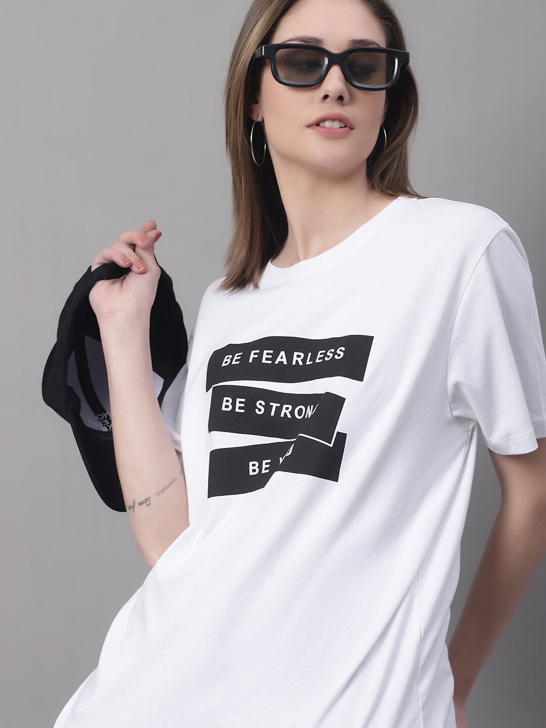 

DressBerry Typography Printed Drop-Shoulder Sleeves Cotton Oversized T-shirt, White