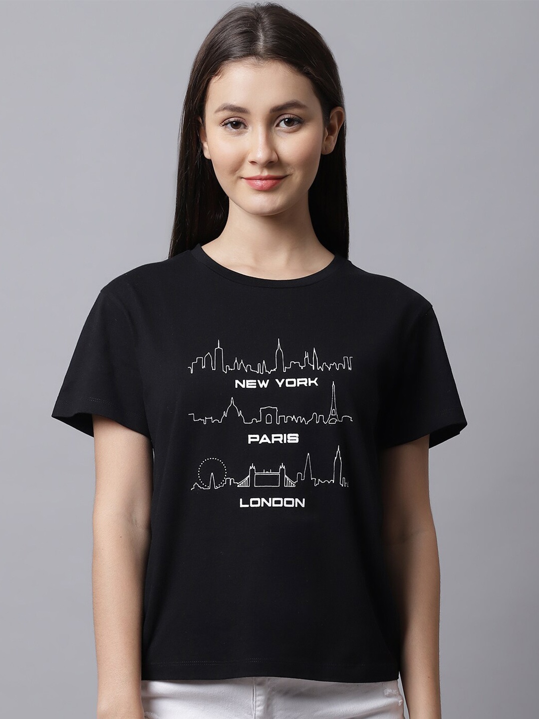 

DressBerry Black Typography Printed Cotton T-Shirt