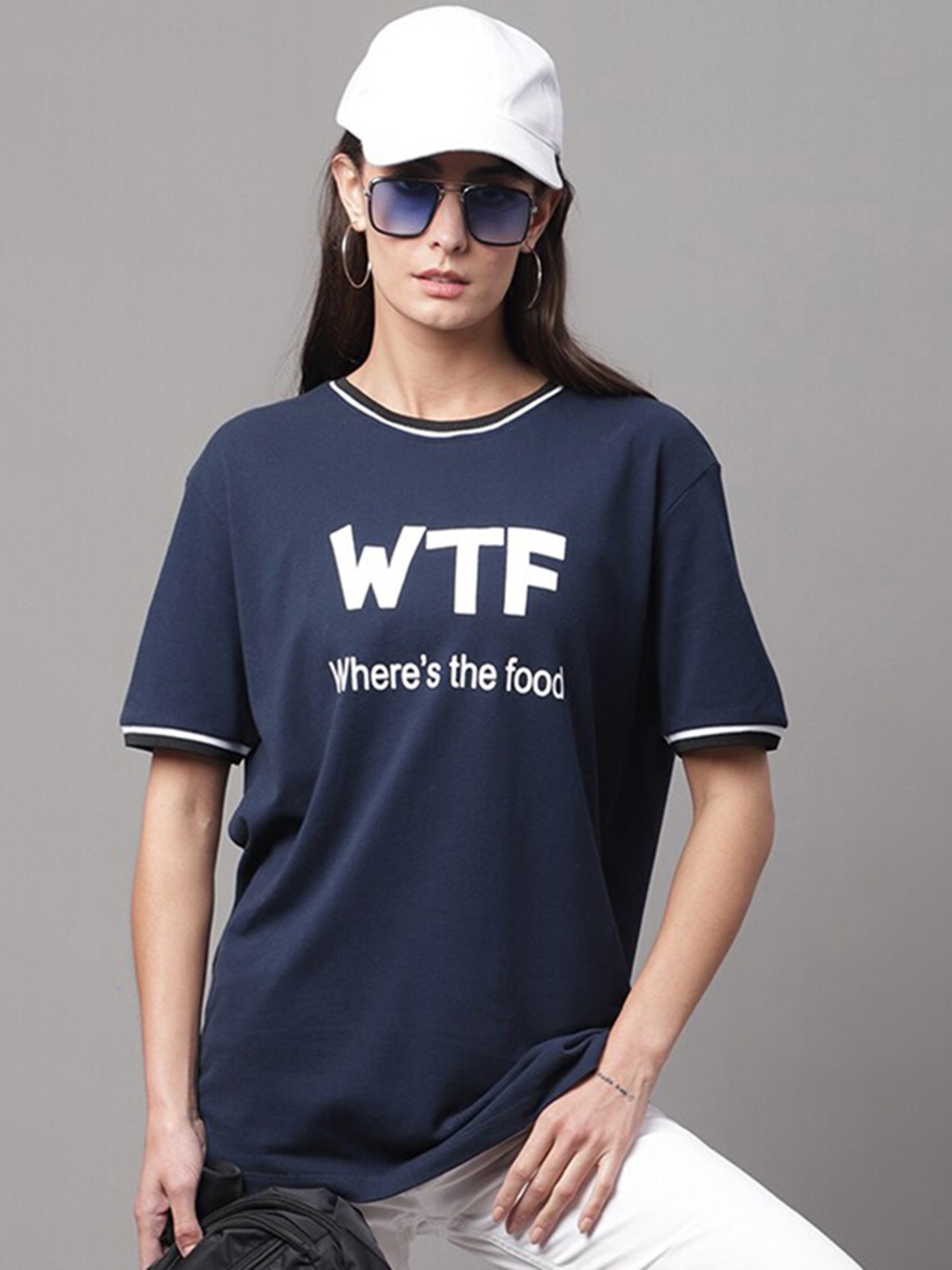 

DressBerry Navy Blue Typography Printed Cotton Longline T-shirt