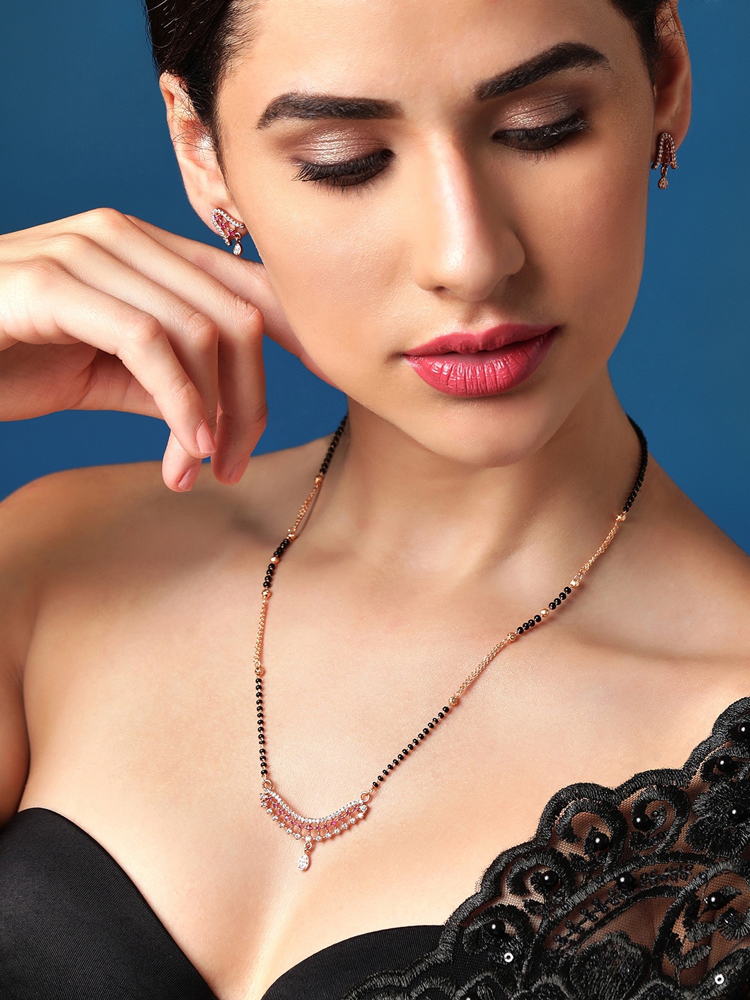 

Rubans 24KT Rose Gold-Plated Stone-studded & Beaded Mangalsutra With Earrings