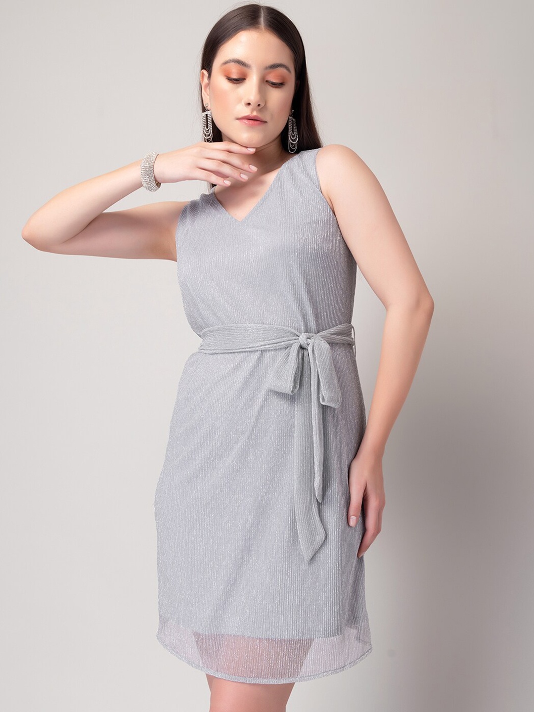 

FabAlley Silver-Toned Embellished Tie ups A-line Dress With Belt