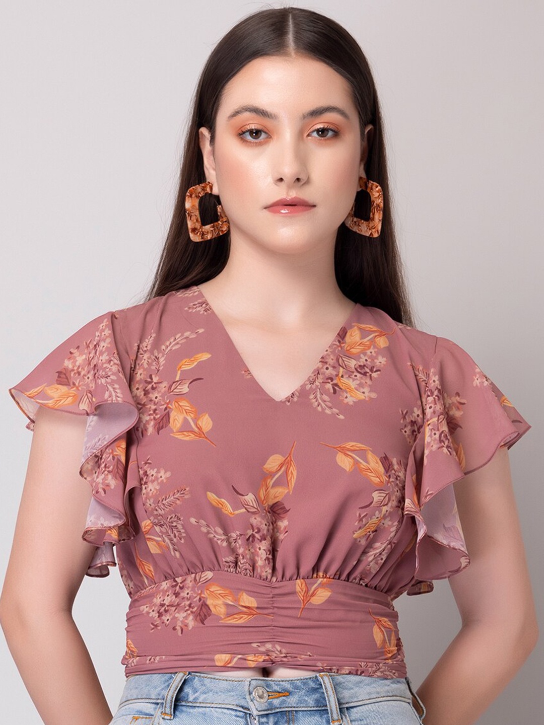 

FabAlley Pink Floral Printed Flutter Sleeves Gathered Cinched Waist Crop Top, Mauve
