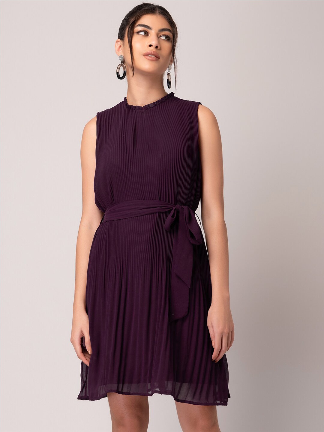 

FabAlley Maroon Round Neck Pleated Detail A-Line Dress