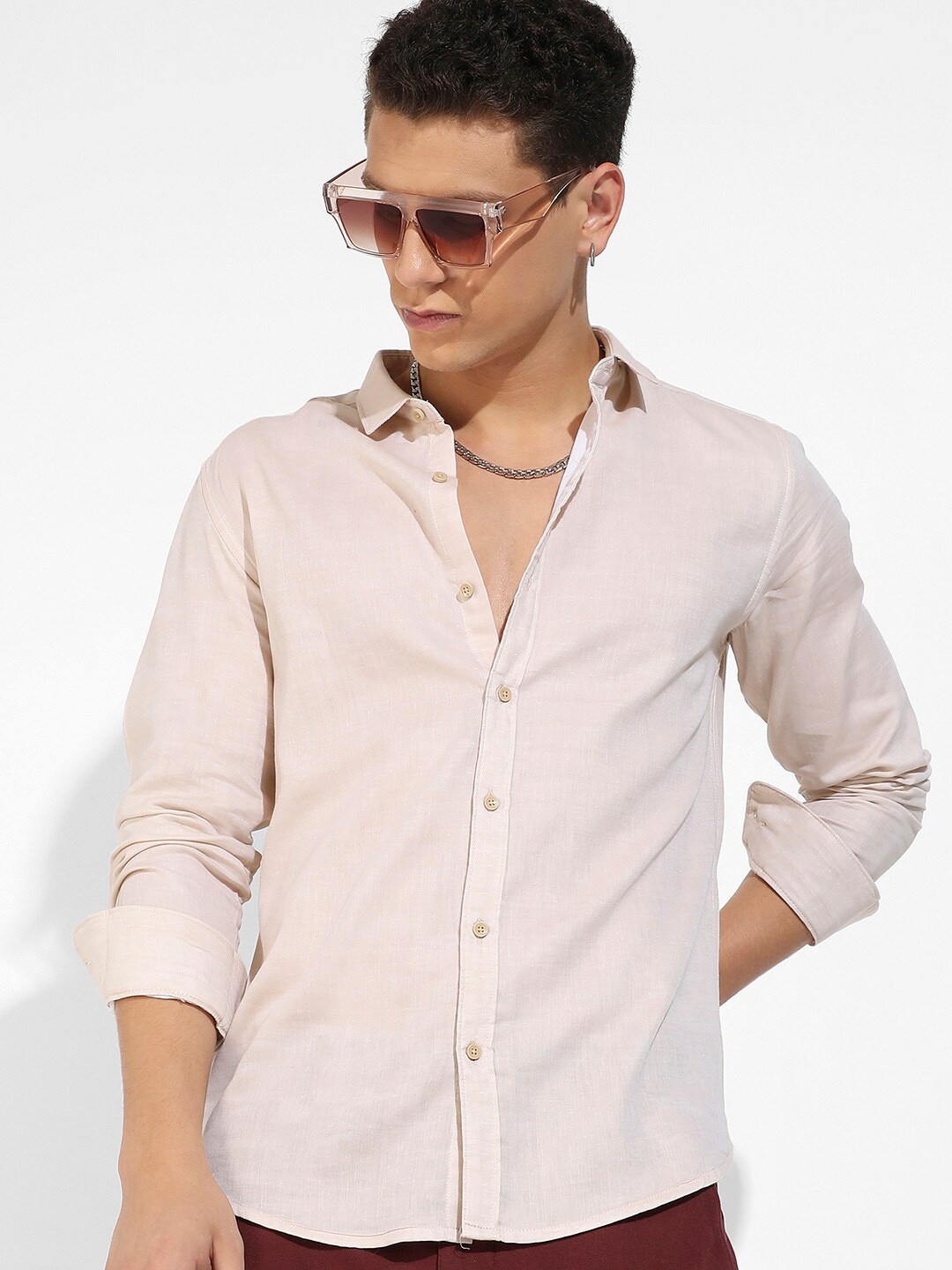 

Campus Sutra Beige Classic Cotton Casual Shirt