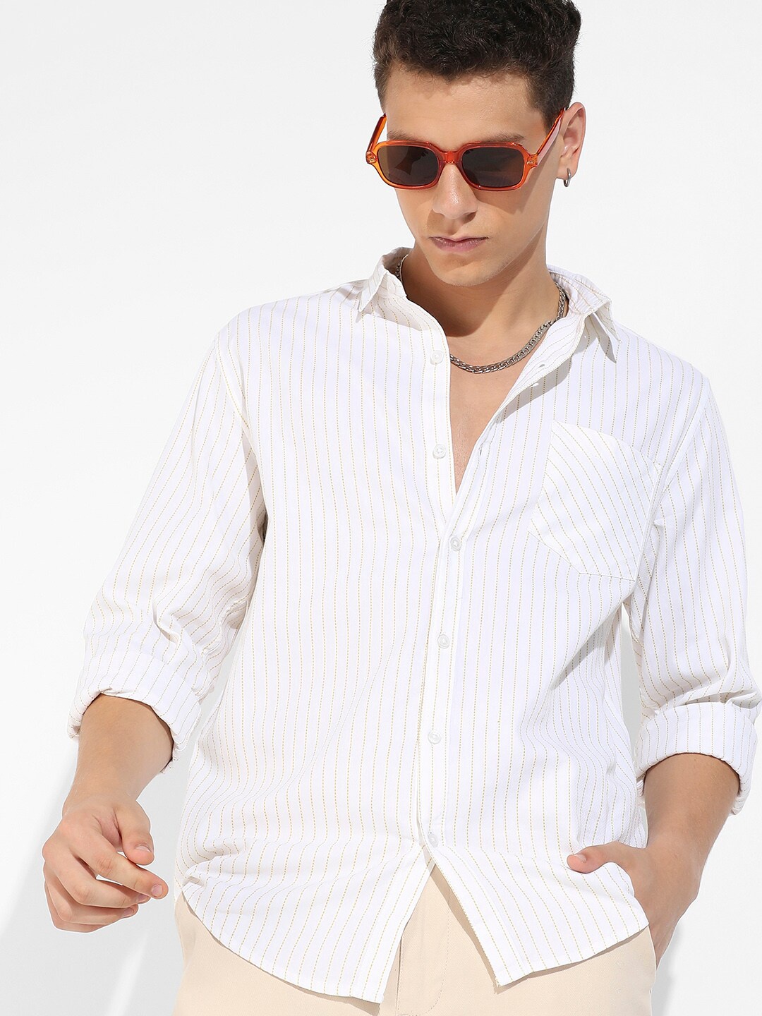 

Campus Sutra Striped Classic Opaque Casual Cotton Shirt, White