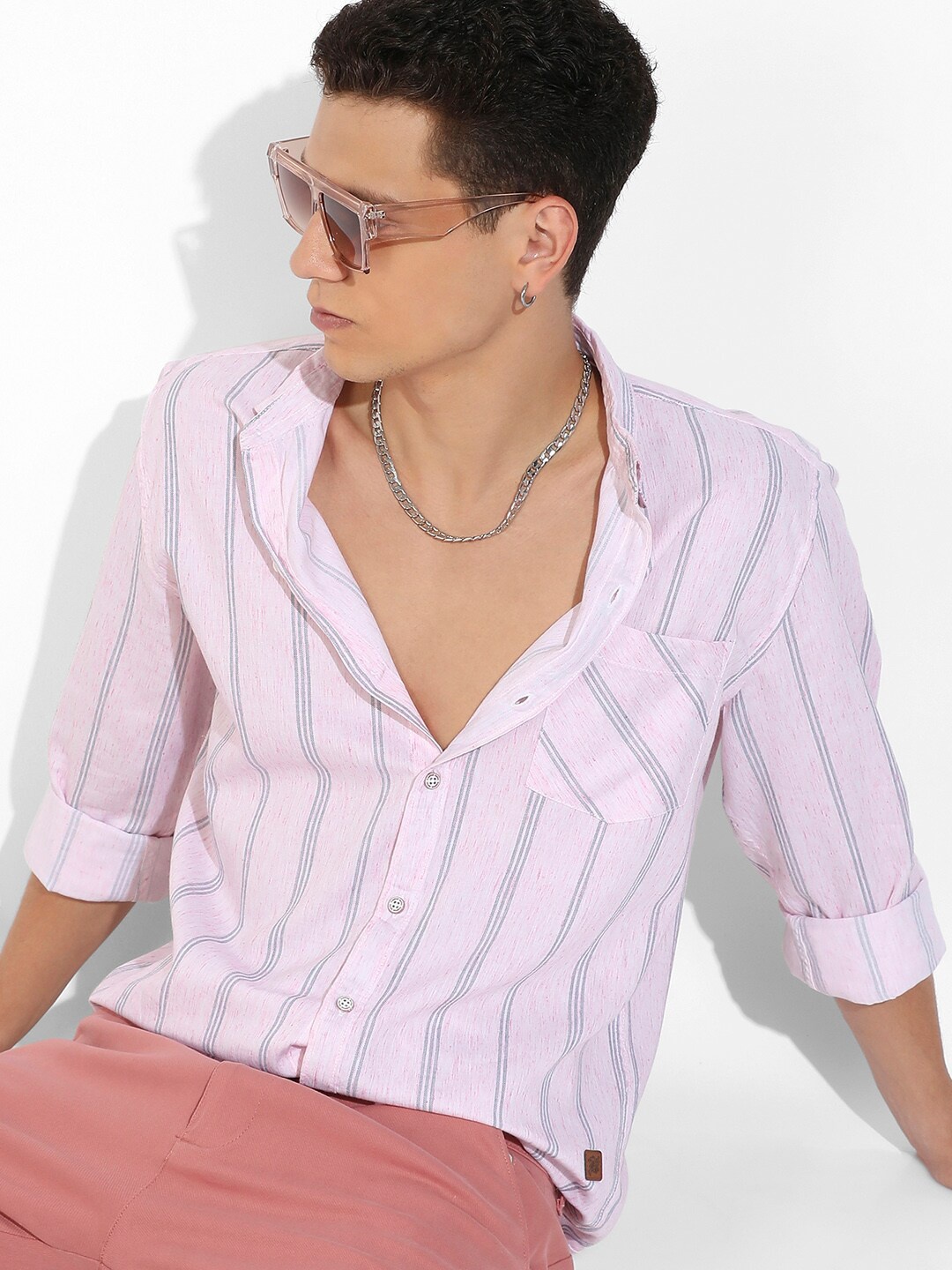 

Campus Sutra Striped Classic Opaque Casual Cotton Shirt, Pink