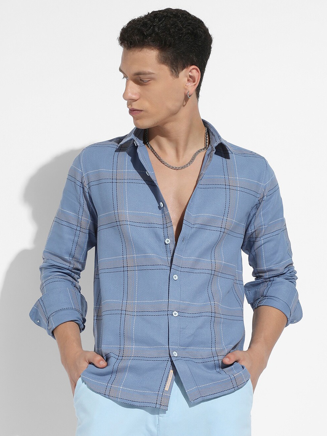 

Campus Sutra Blue Classic Opaque Tartan Checked Cotton Casual Shirt